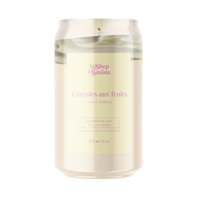 Candle in a glass jar with 'La Shop des Savons' branding on a white background