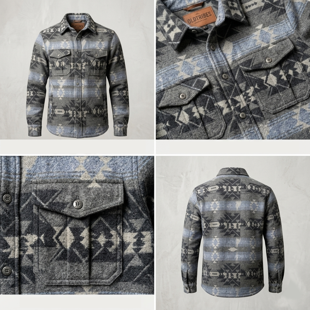 Old Tribes Grey & Blue Grand Canyon Jacket – Unisex Wool Blend – Front View