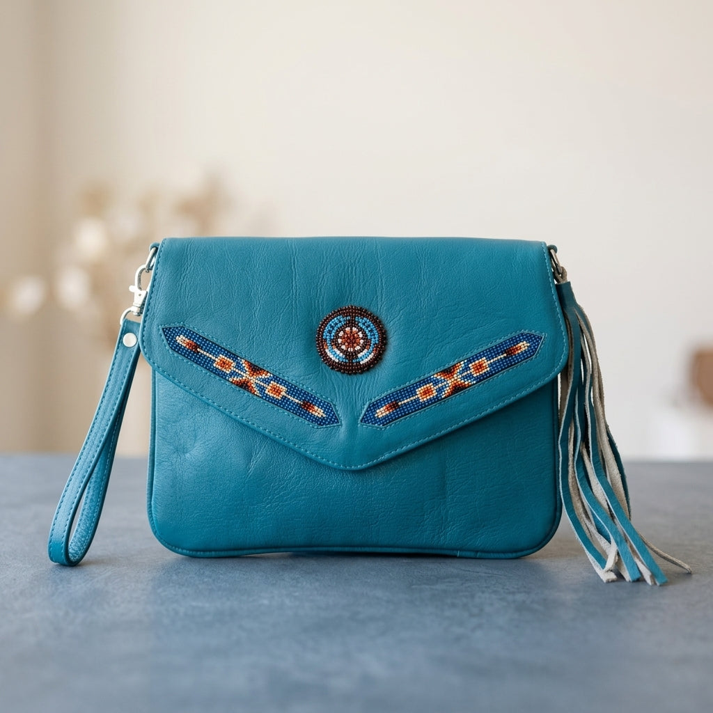 OldTribes A turquoise blue leather crossbody bag with a wristlet strap, featuring geometric beaded details on the flap and a circular beaded center medallion, resting on a gray surface against a soft beige background.