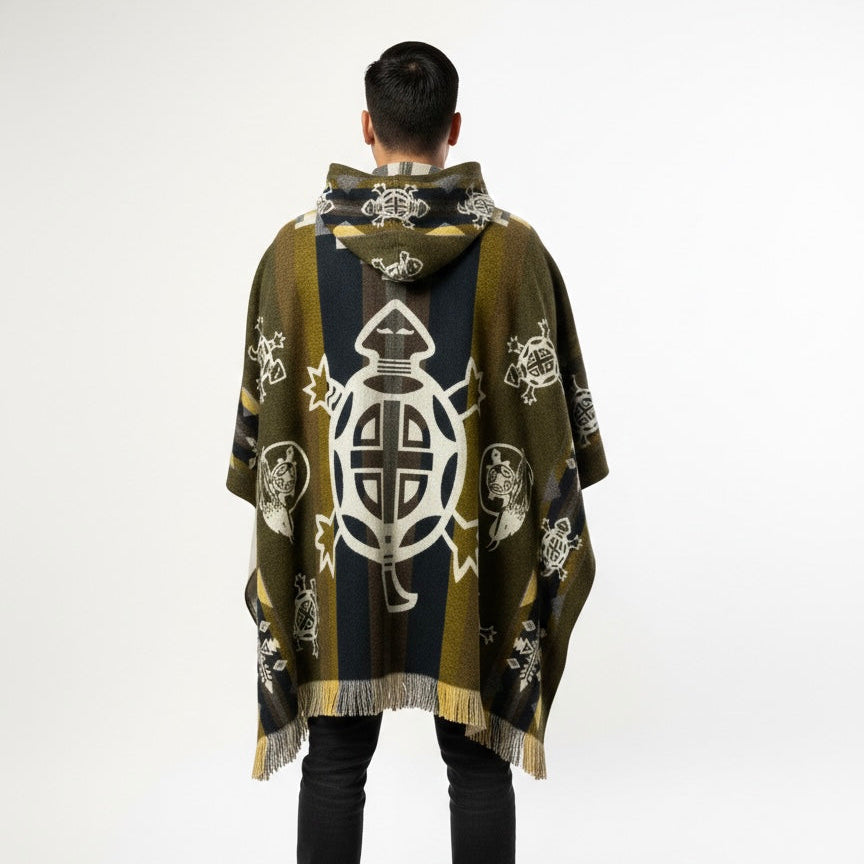 A man viewed from behind wearing a hooded knit poncho with a turtle graphic design. The poncho features vertical stripes in olive green, black, and beige, with white turtle motifs and fringe along the hem, set against a plain white studio background.