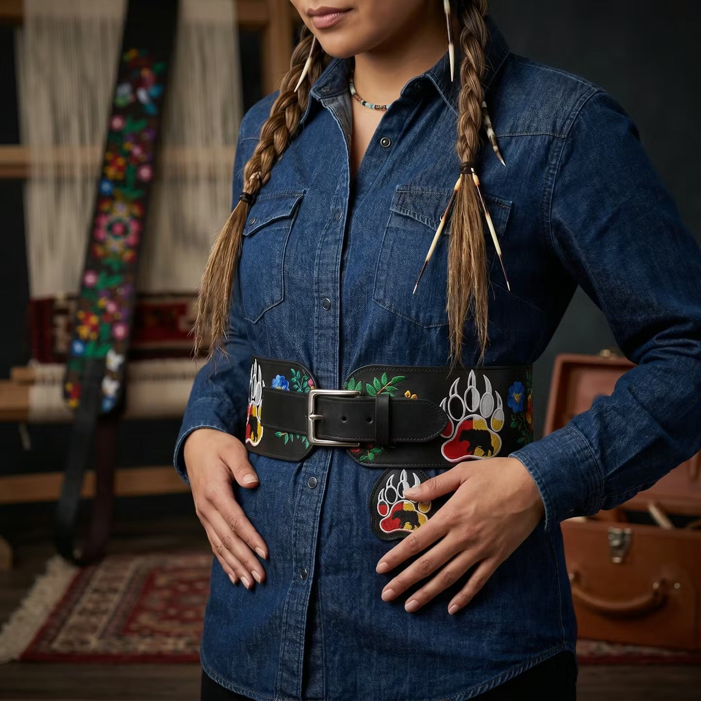 Person wearing a blue denim shirt with a decorative belt in an indoor setting