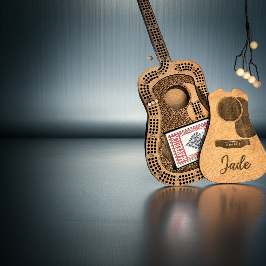 Wooden guitar-shaped box with a card holder inside on a reflective surface