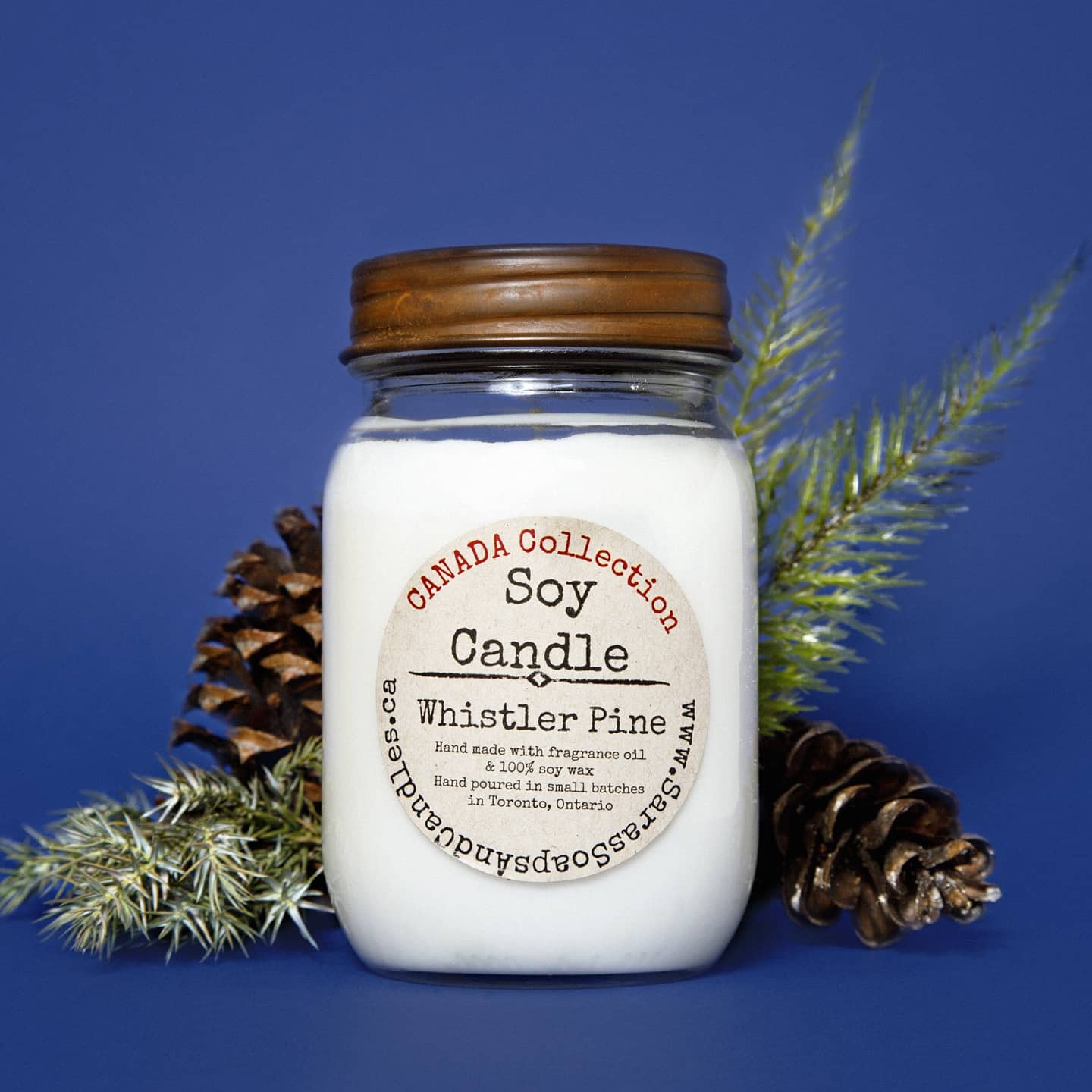 Soy candle with a wooden lid, surrounded by pine branches and cones on a blue background