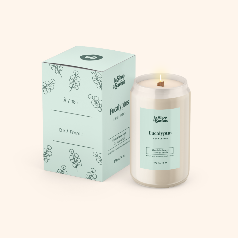 Eucalyptus candle with packaging on a white background