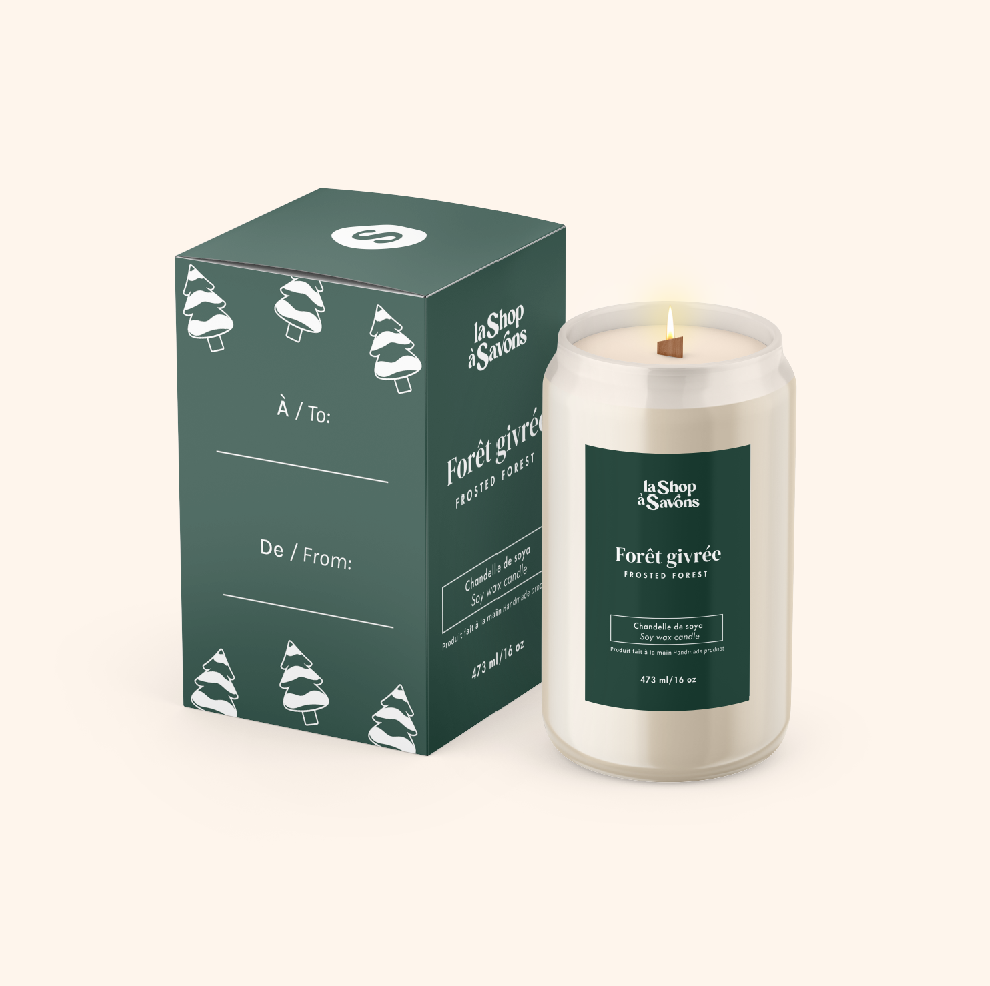 Candle with packaging labeled 'la Shop des Savons' on a white background
