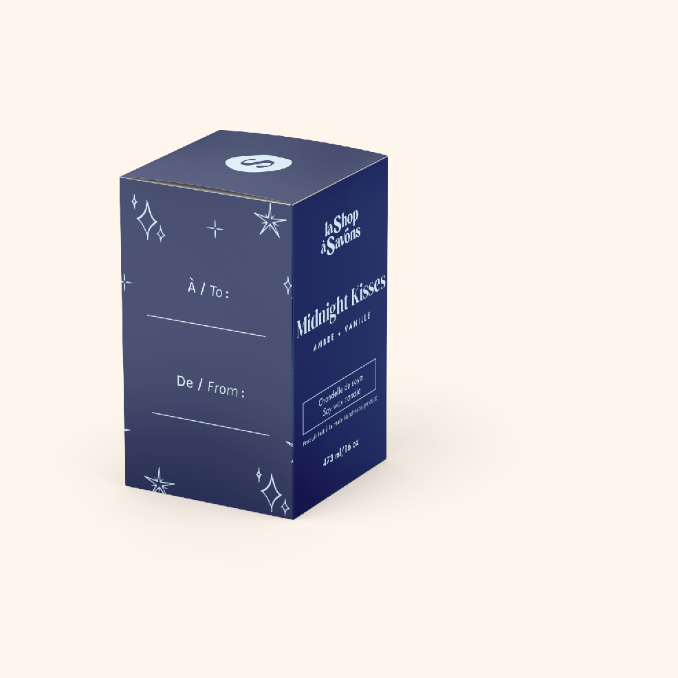 Blue box packaging for 'Midnight Kisses' with branding on a white background