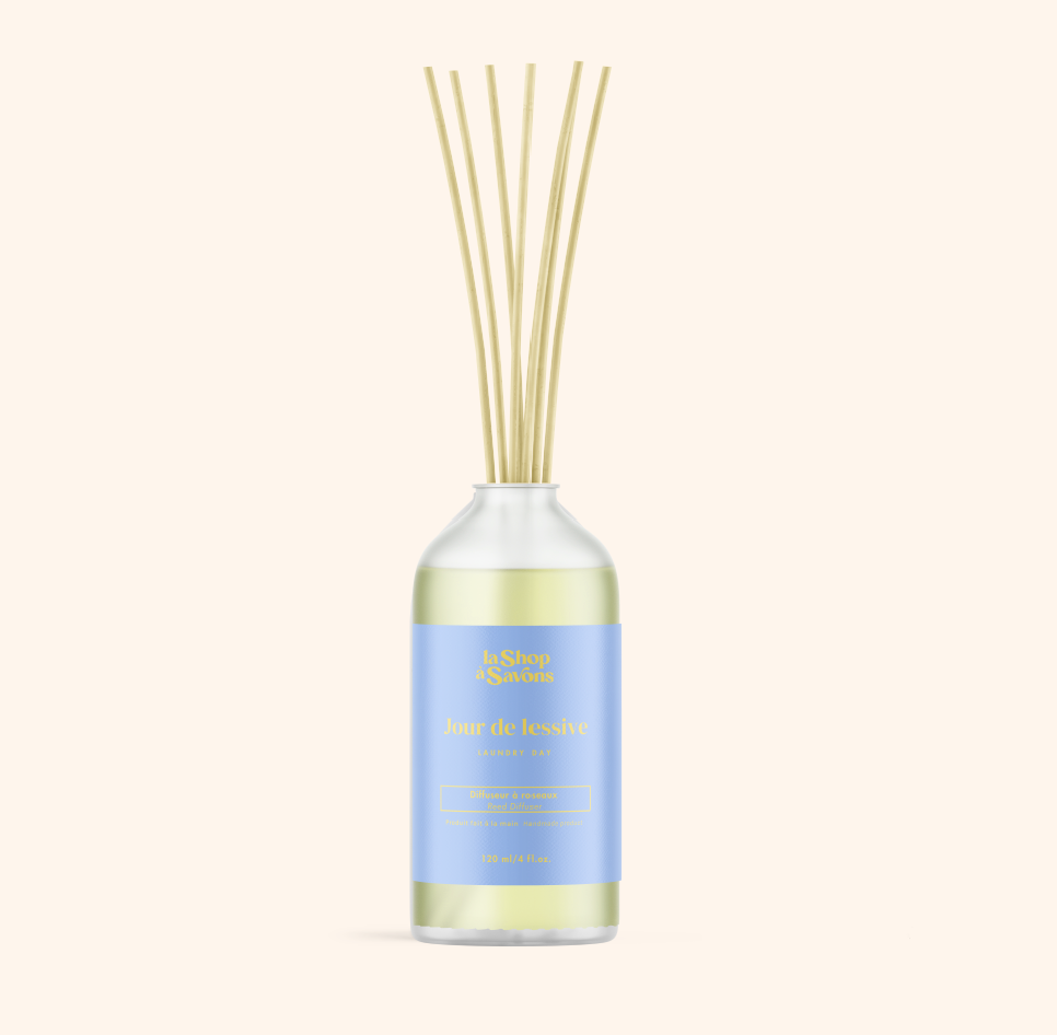 Reed diffuser with a light blue label on a white background