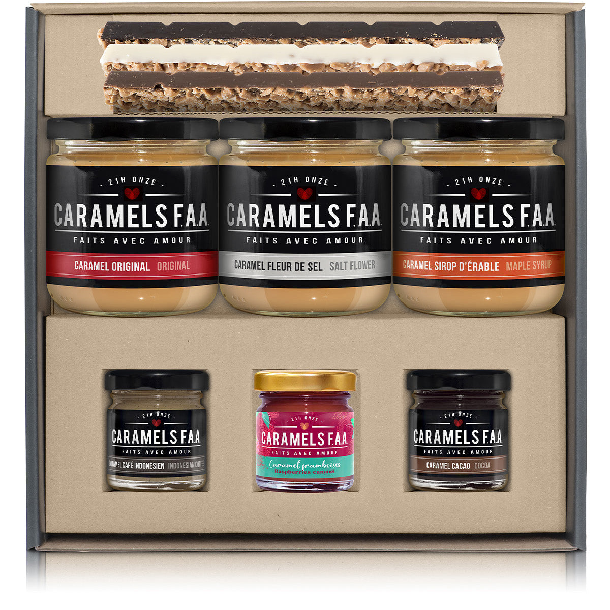 Collection of Caramels FAA jars in a display box on a white background