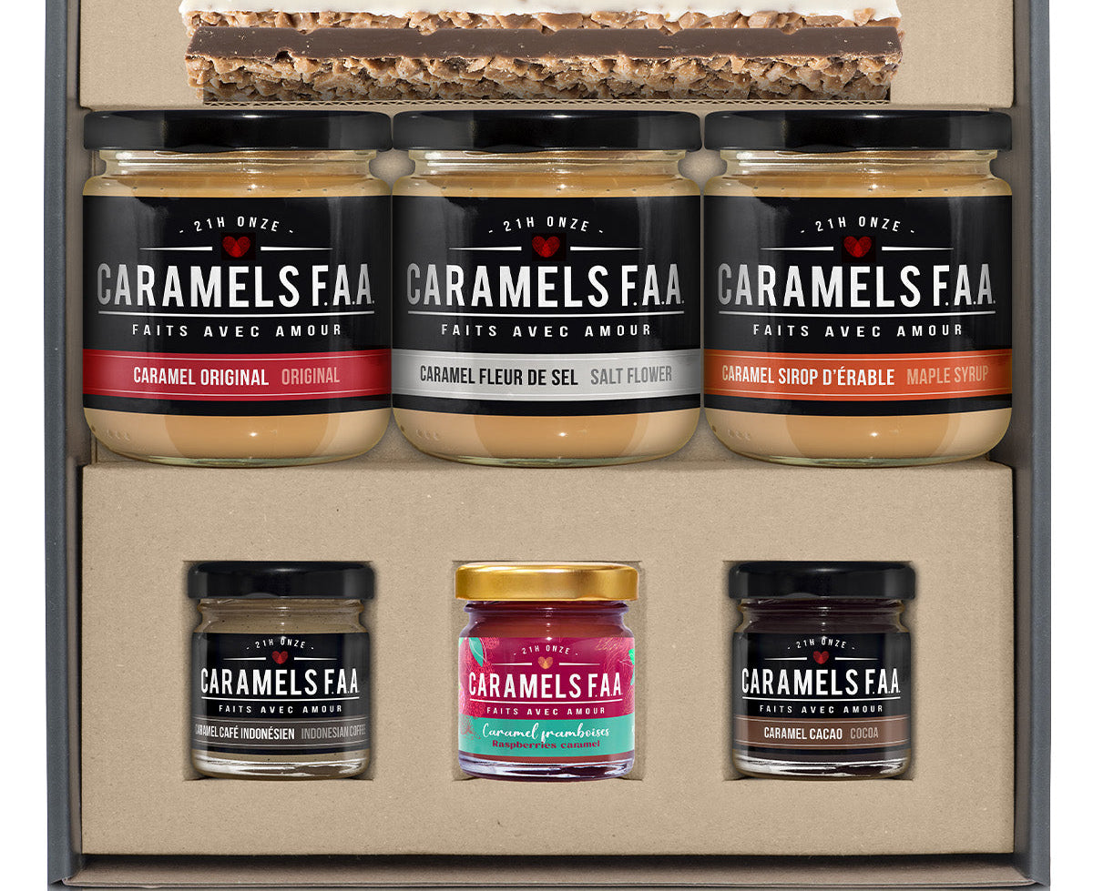 Collection of Caramels FAA jars in a display box on a white background