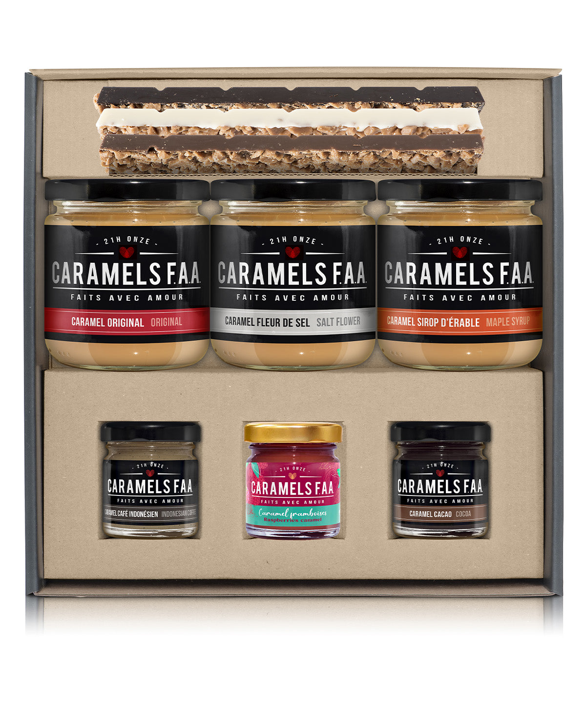 Collection of Caramels FAA jars in a display box on a white background