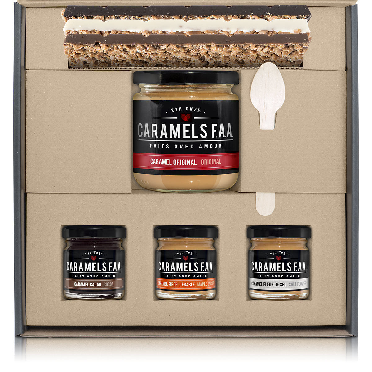 Caramels FAA caramel gift set with jars and a box on a white background