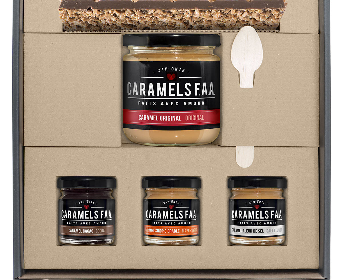 Caramels FAA caramel gift set with jars and a box on a white background