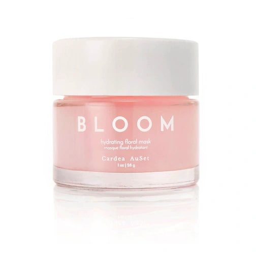 Pink jar of 'ardea AuSet Bloom Jar hydrating floral mask with white lid on a white background