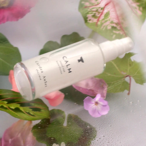 Cardea_AuSet_Calm Spray Lavender fragrance soothing room spray bottle labeled 'Calm' with floral and leaf background