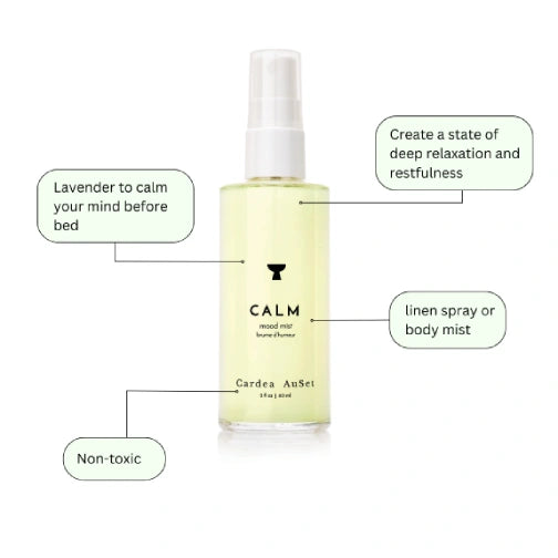 Bottle of 'CALM' linen spray or body mist with features highlighted on a white background