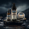 First Element | Beard care products including a bottle, dropper, and balm on a dark background