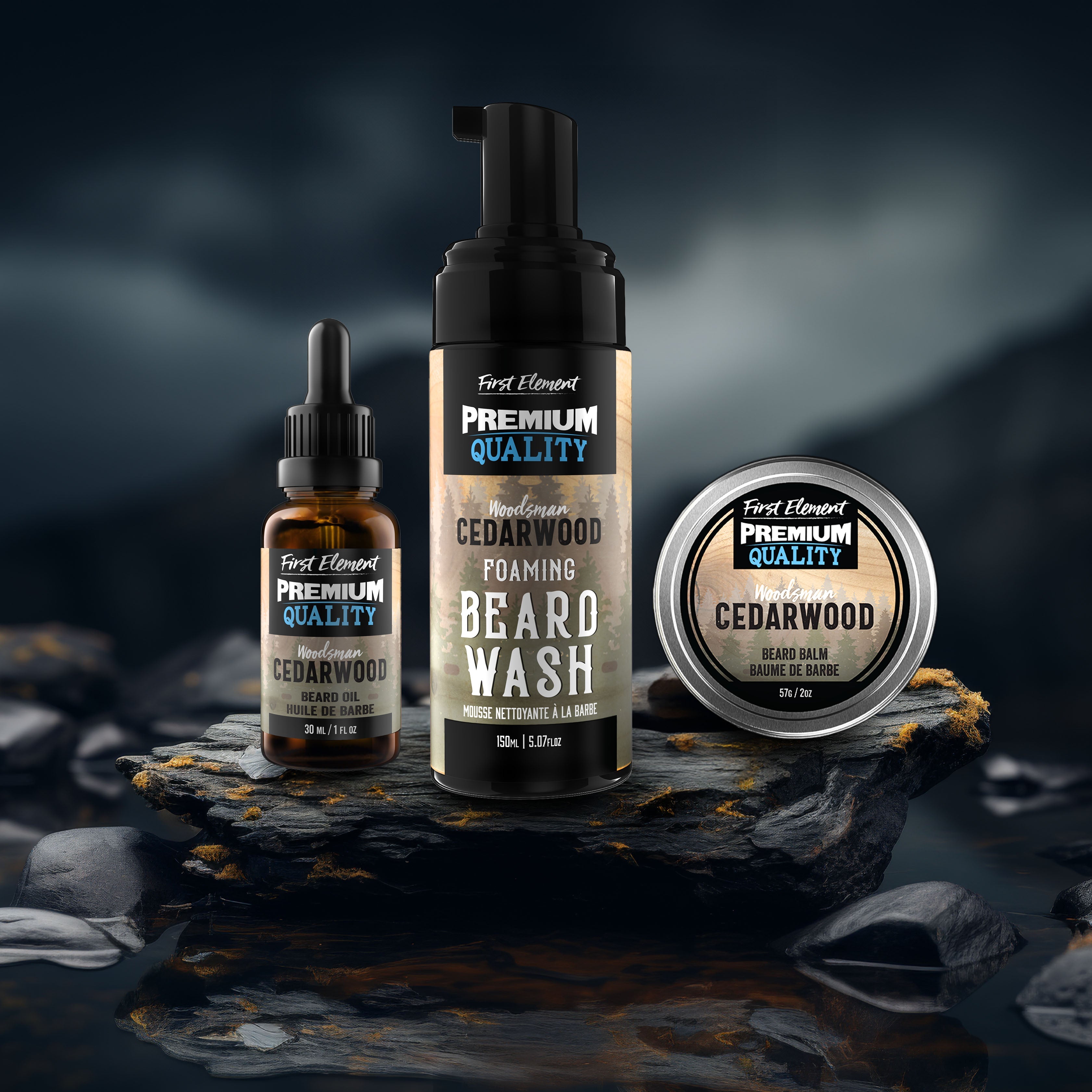 First Element | Beard care products including a bottle, dropper, and balm on a dark background