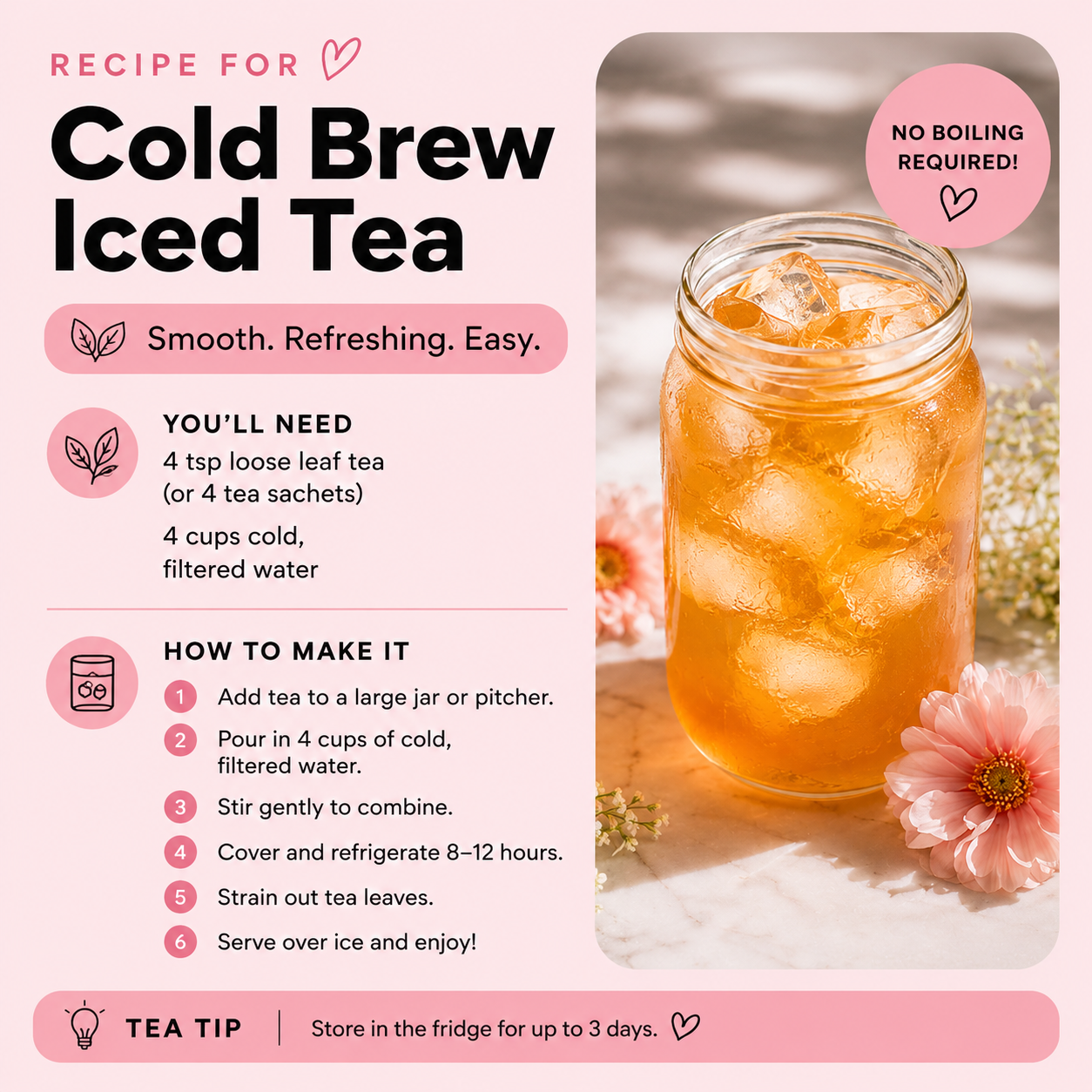 Recipe for cold brew iced tea with a jar of iced tea on a pink background