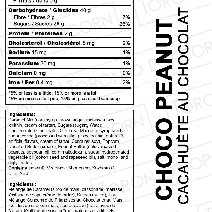 Nutrition facts label for Choco Peanut Cacahuète au Chocolat from Toronto Popcorn Company