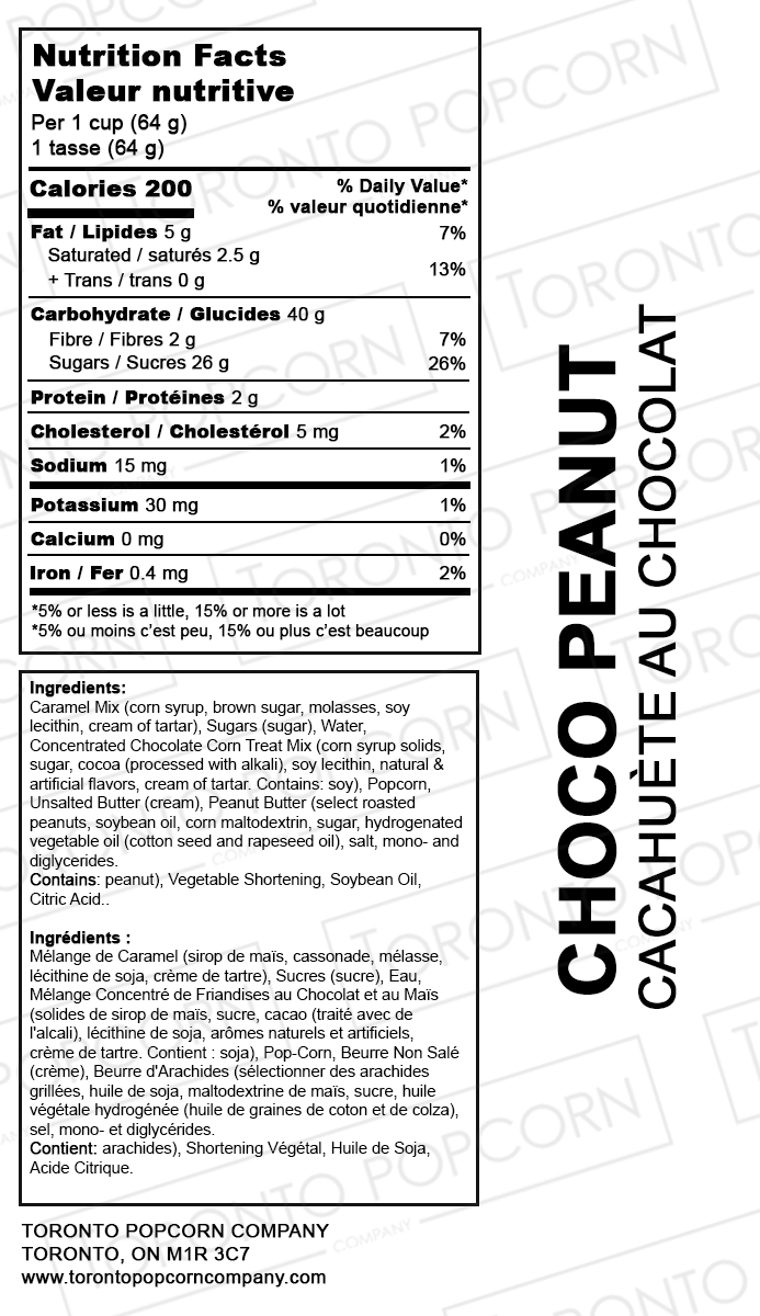 Nutrition facts label for Choco Peanut Cacahuète au Chocolat from Toronto Popcorn Company