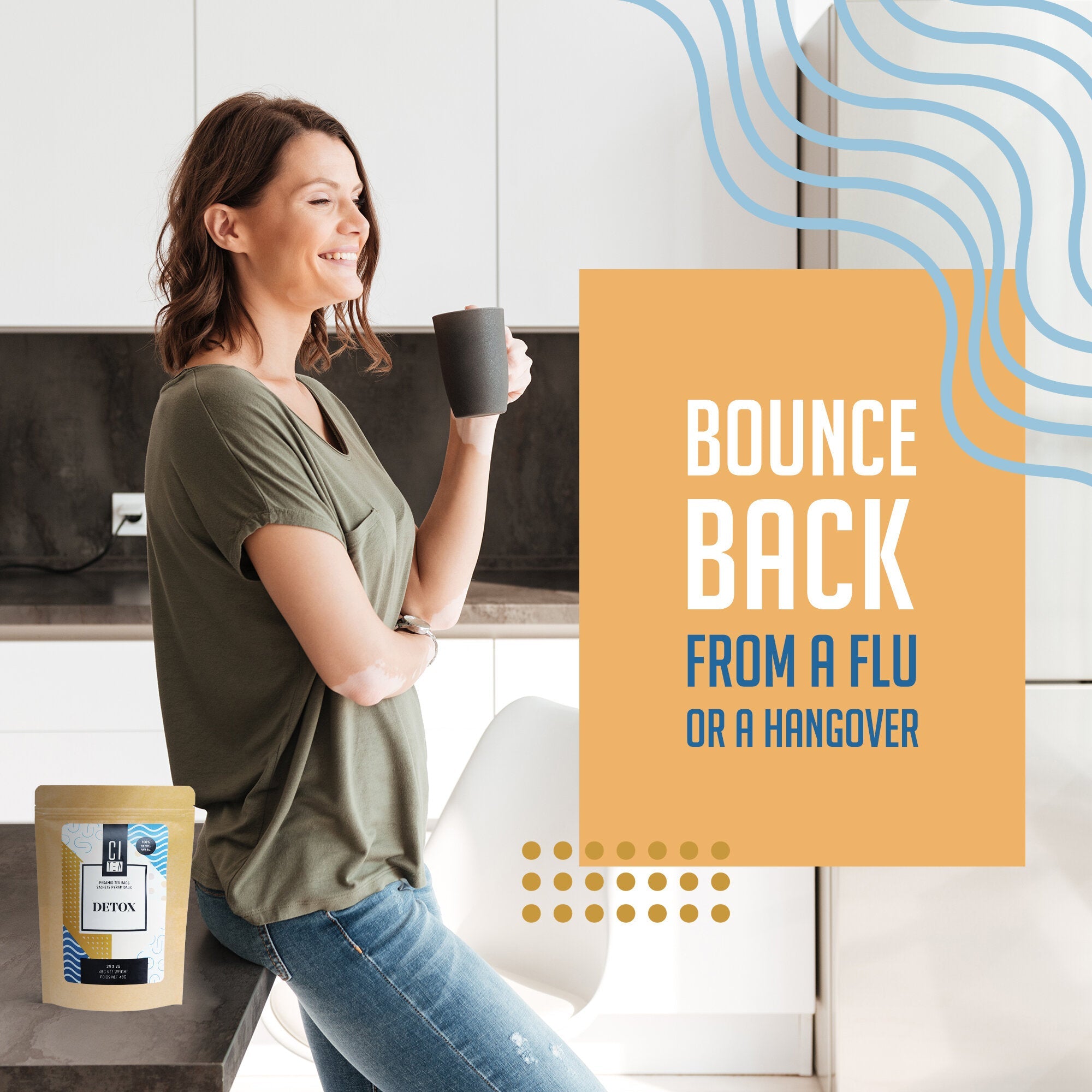 Woman holding a mug with text 'Bounce Back from a Flu or a Hangover' and a product label on a kitchen counter.