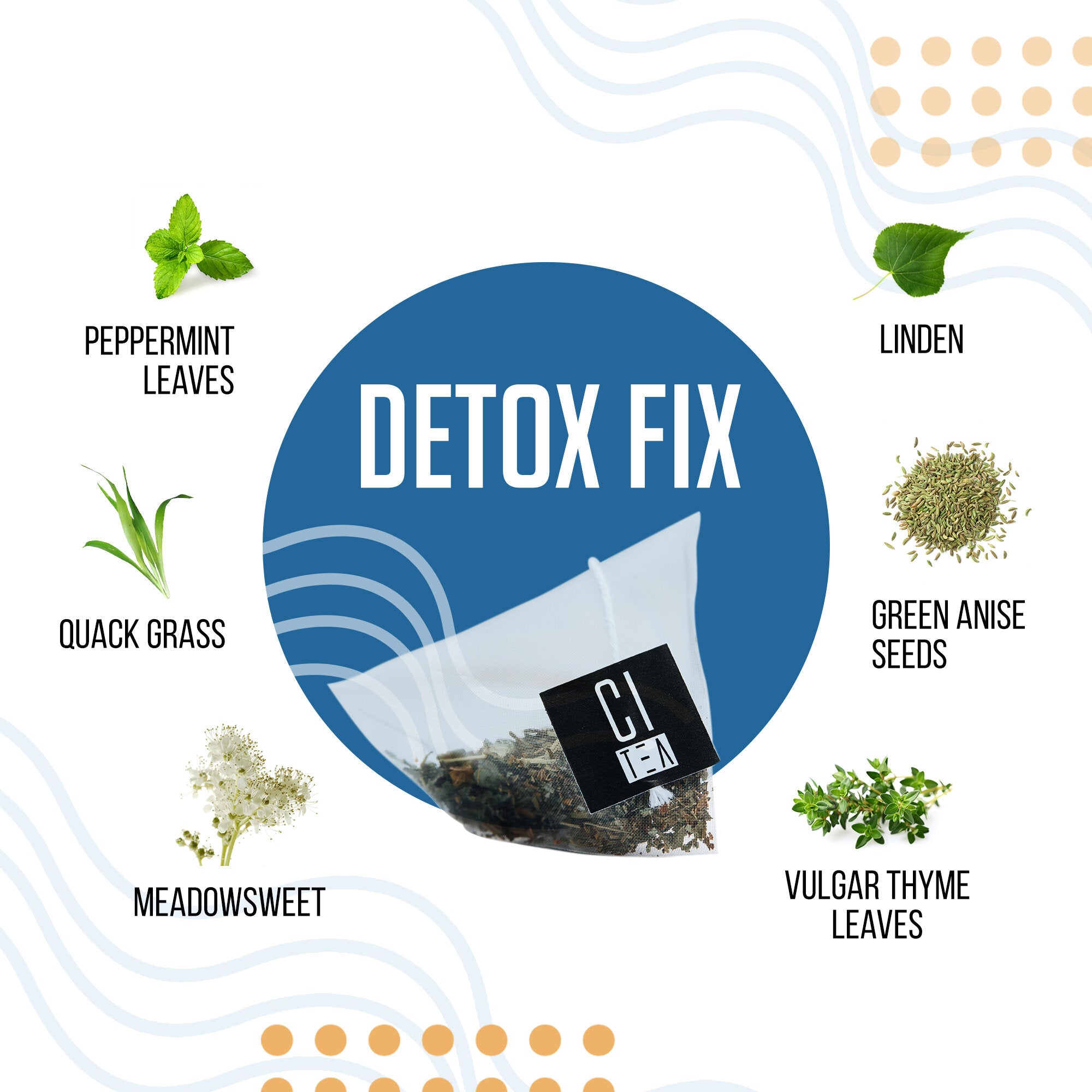 Tea bag labeled 'Detox Fix' with herbs and plants on a white background