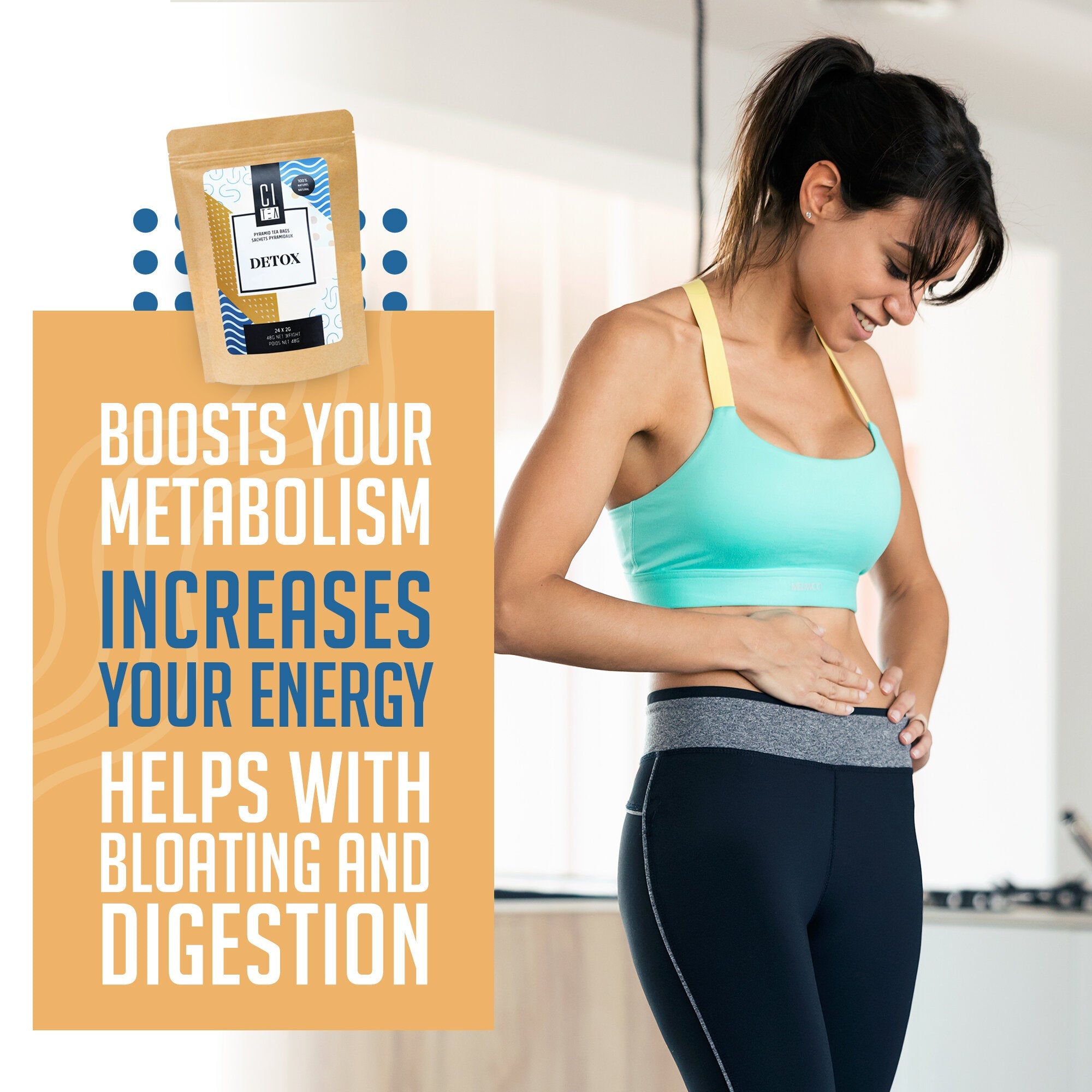 Woman in athletic wear with a detox supplement package and health benefits text.
