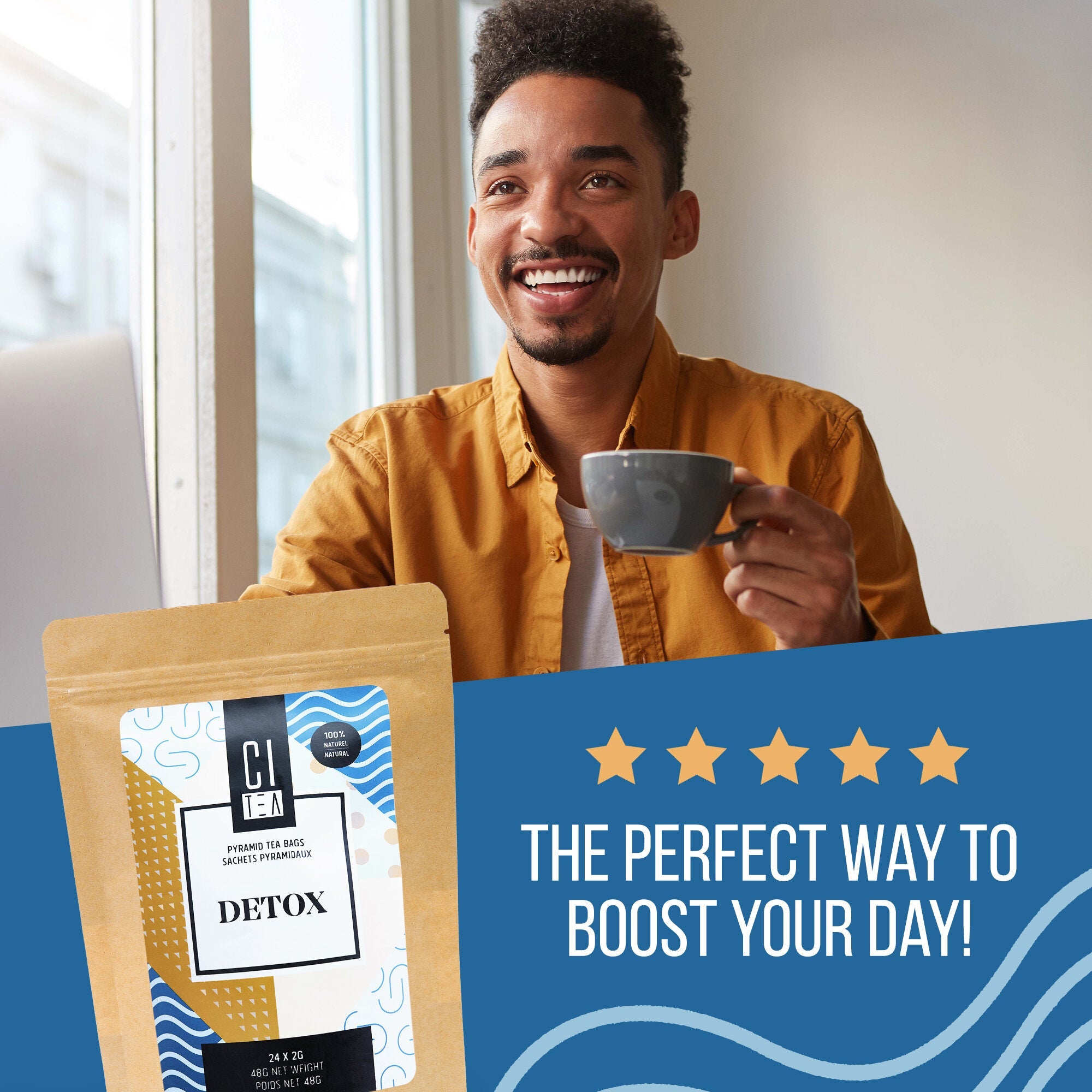 Man holding a coffee cup with a CL105 Detox package and promotional text on a blue background