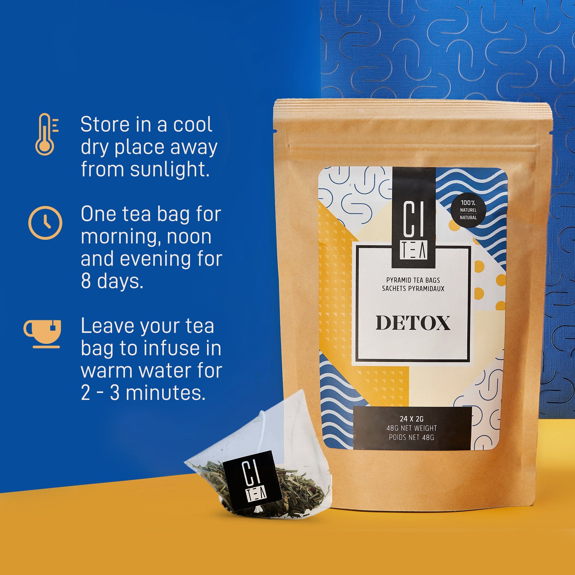 Tea packaging with instructions on a blue and yellow background