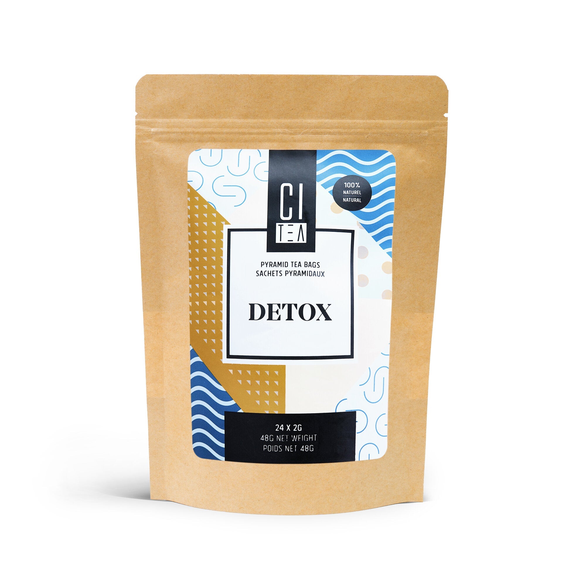 Tea package labeled 'Detox' with a brand logo on a white background