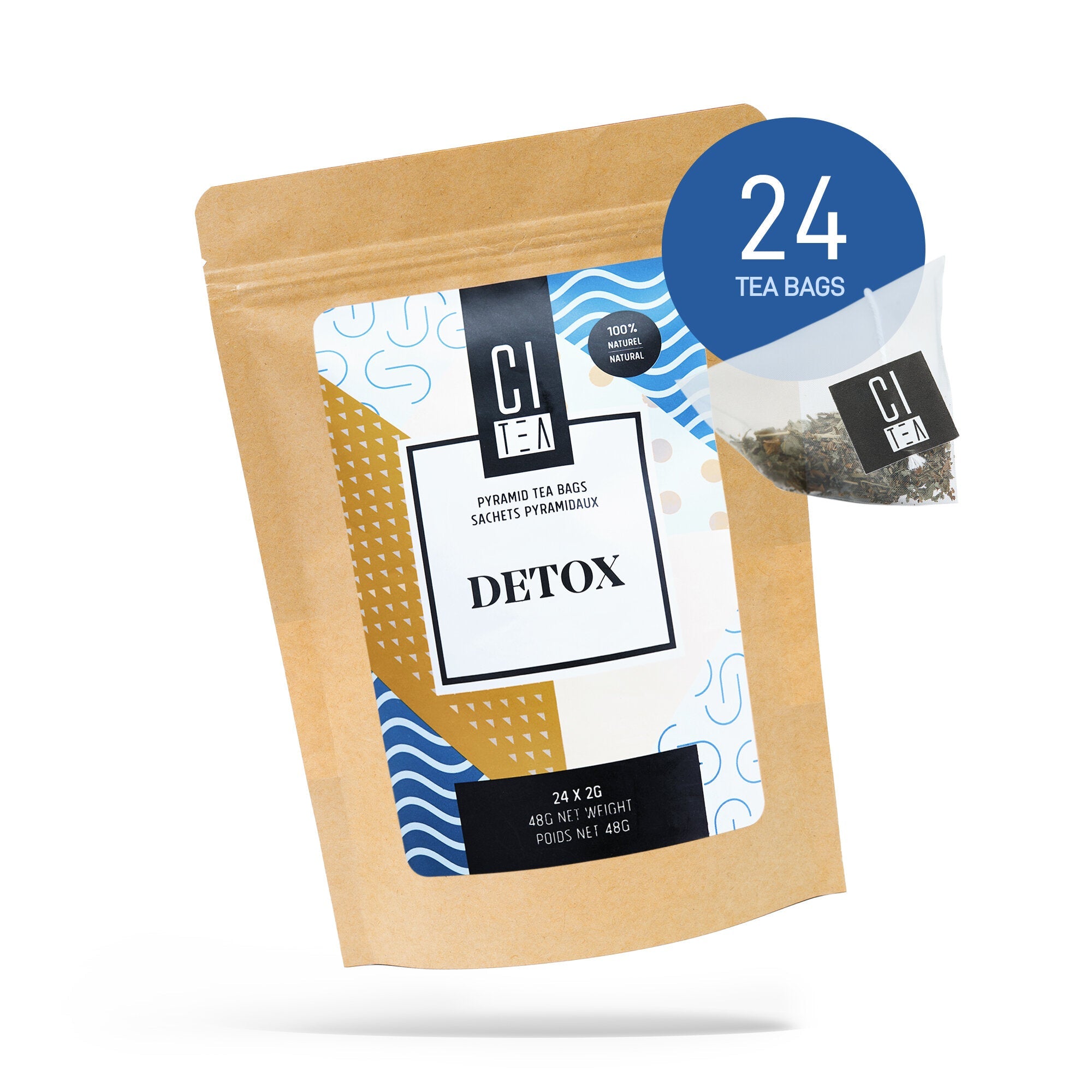 Pack of detox tea bags with a visible brand logo on a white background