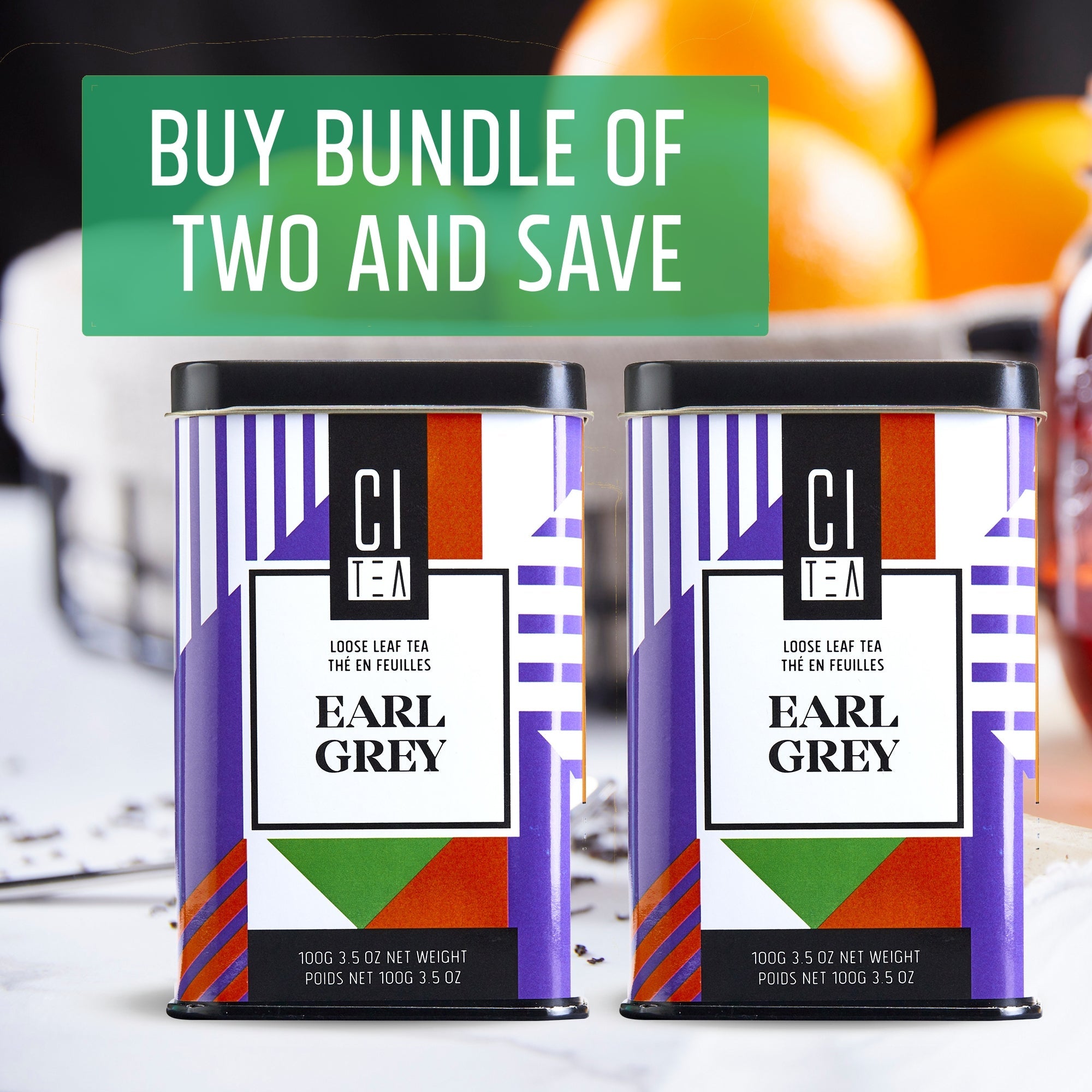 Two Earl Grey tea tins with a promotional banner above them on a blurred background.