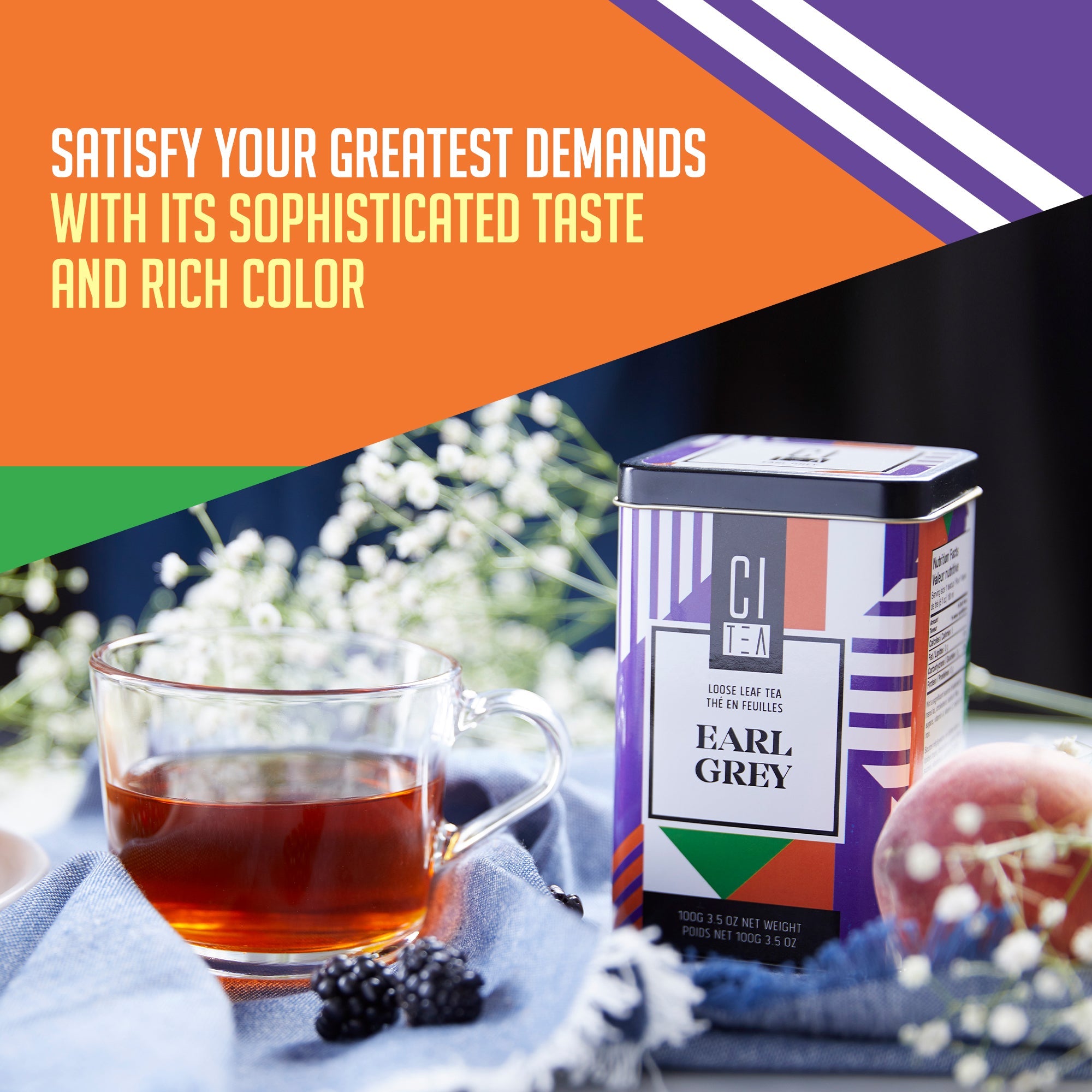 Tea cup with Earl Grey tea box on a decorative tablecloth with text about tea's taste and color.