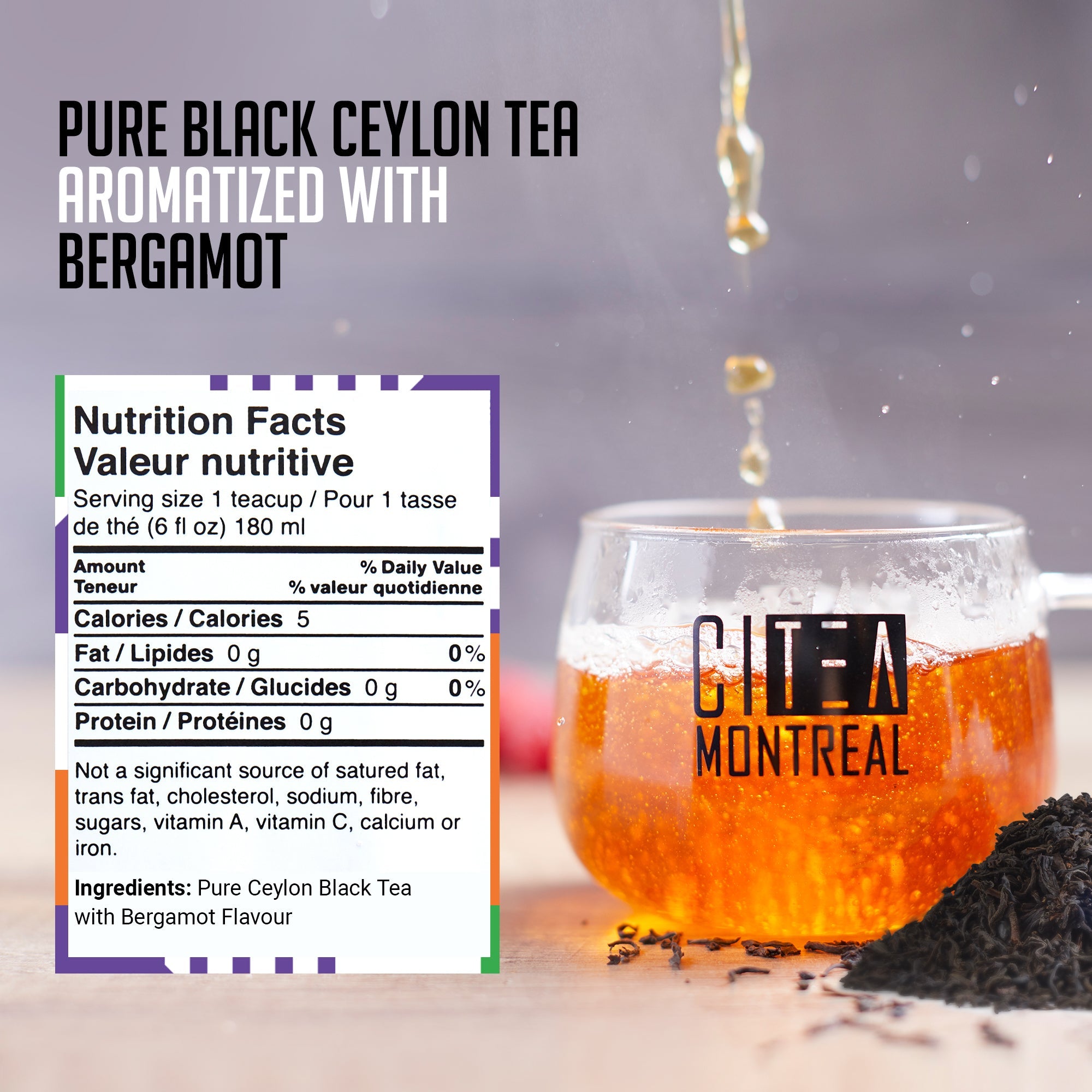 Citea Montreal tea packaging with a glass of tea and nutritional information.