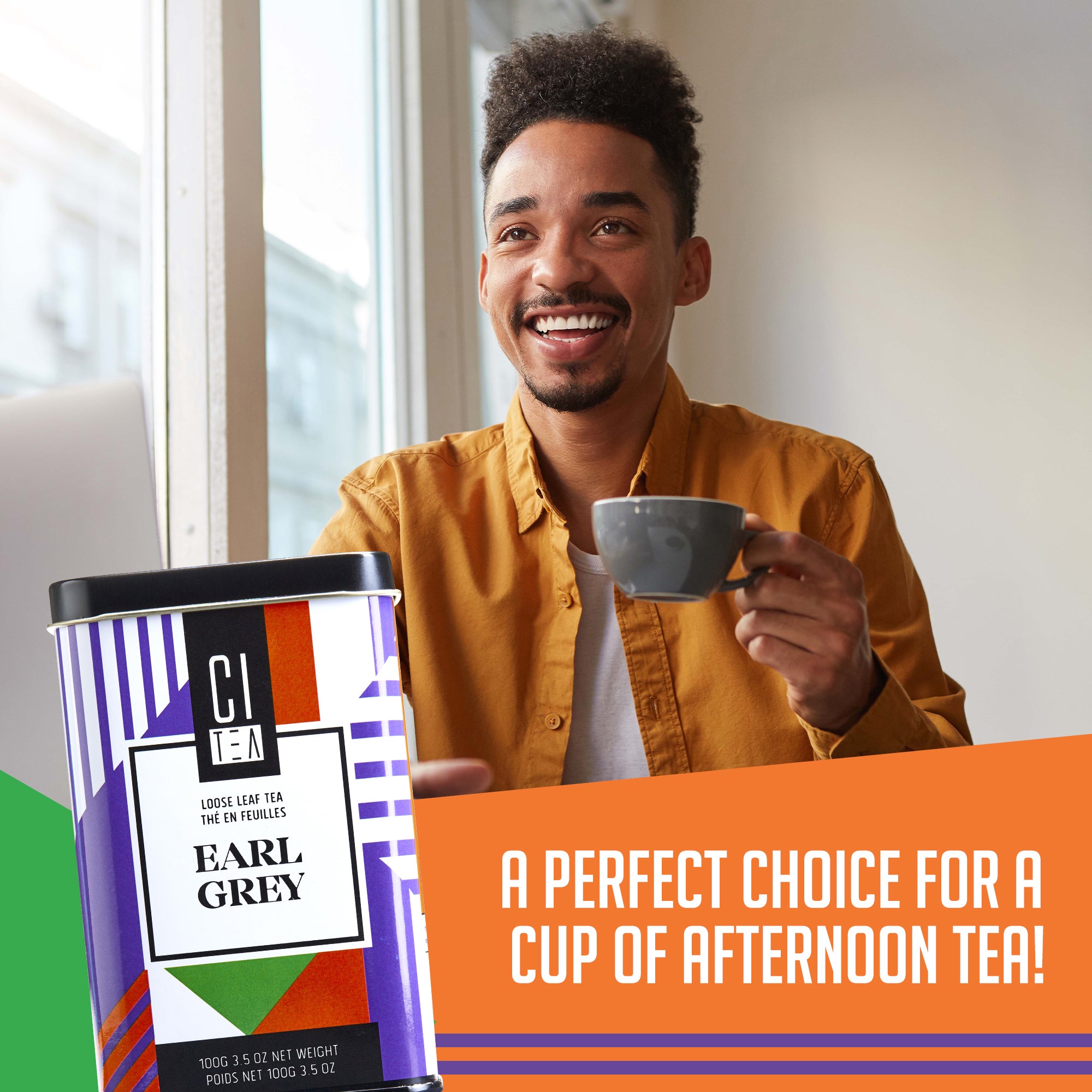 Man holding a cup of tea with a CI Tea canister and text about afternoon tea.