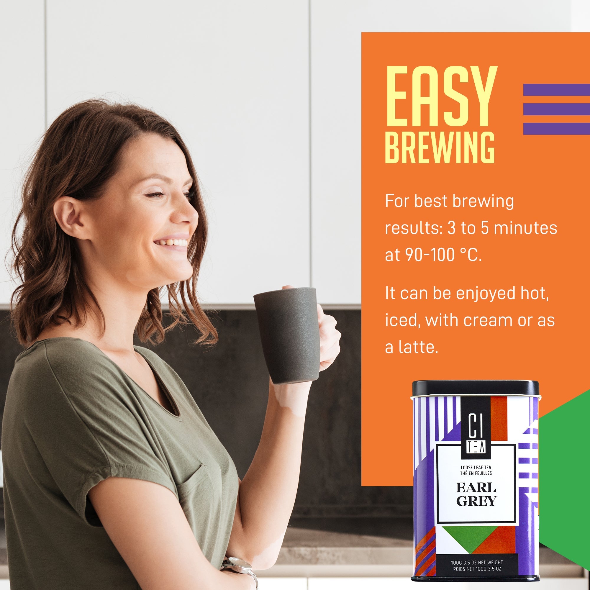 Woman holding a mug with earl grey tea packaging and brewing instructions on an orange background.