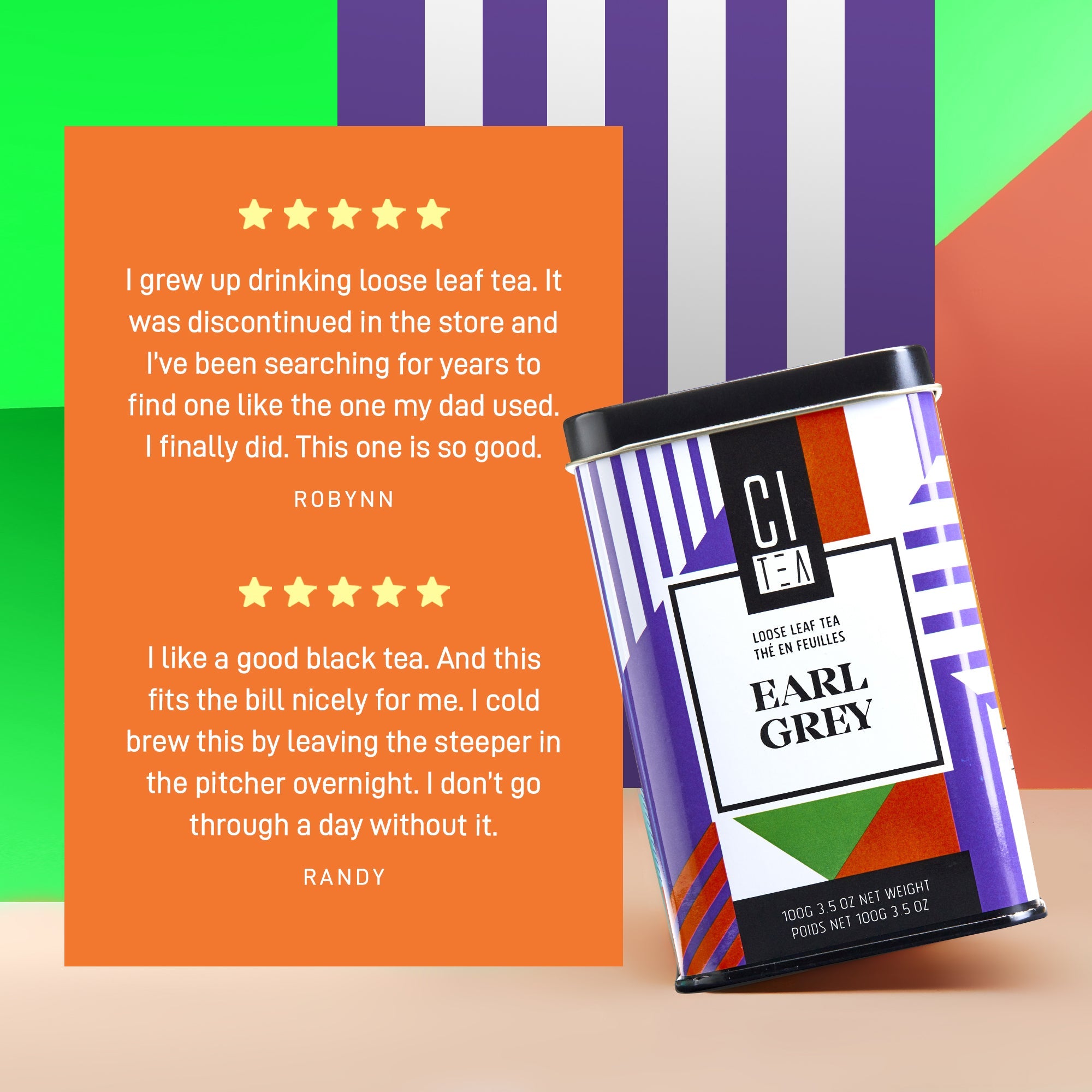 C&J Tea Earl Grey tea canister with customer reviews on a colorful background