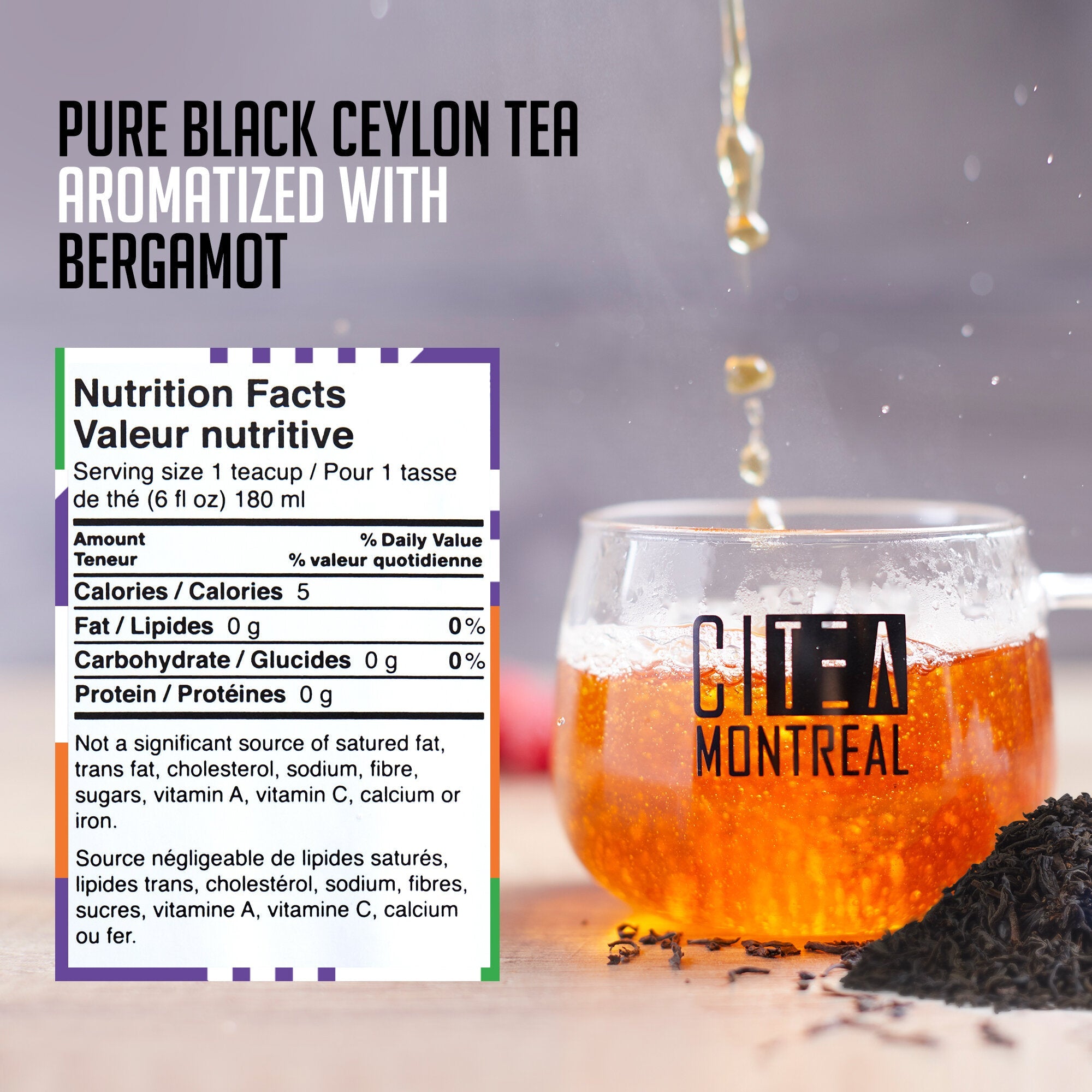 Glass mug of tea with 'Citea Montreal' branding, nutrition facts label, and tea leaves.