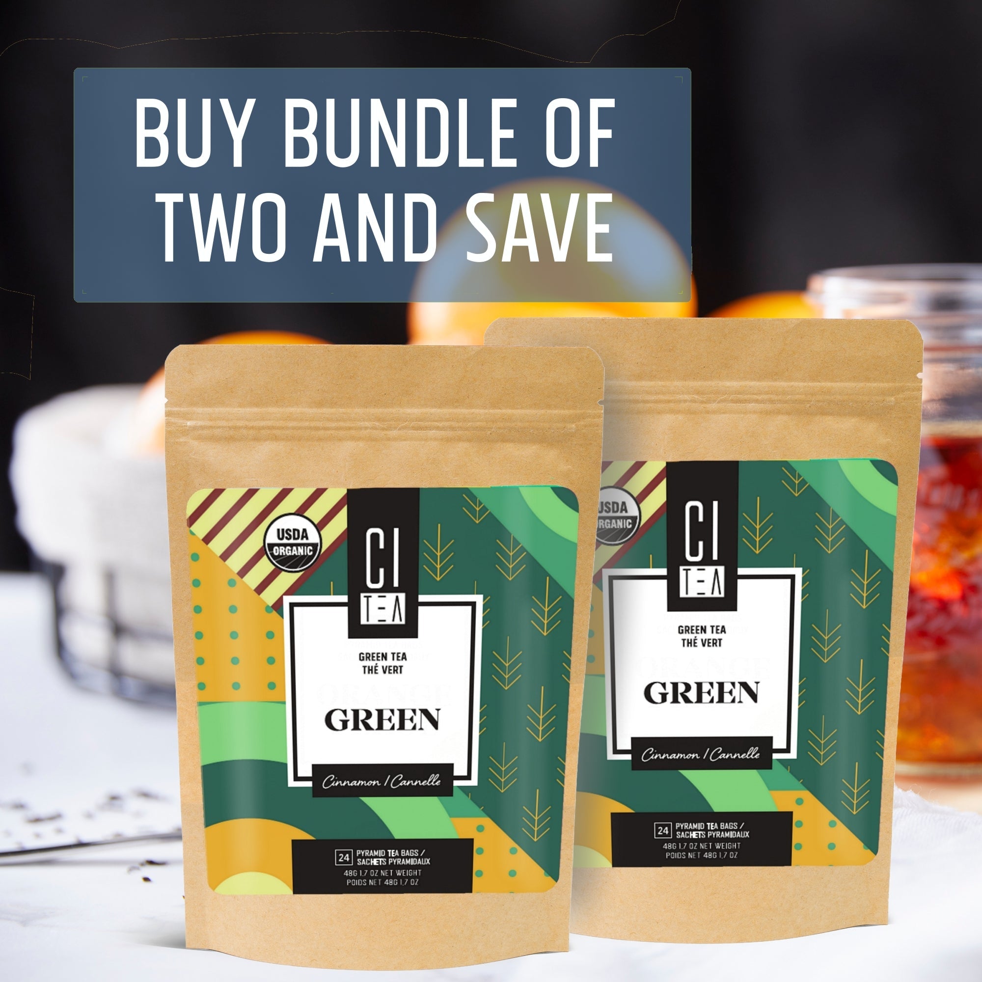 Two packages of CI Tea with a promotional text overlay on a blurred background.