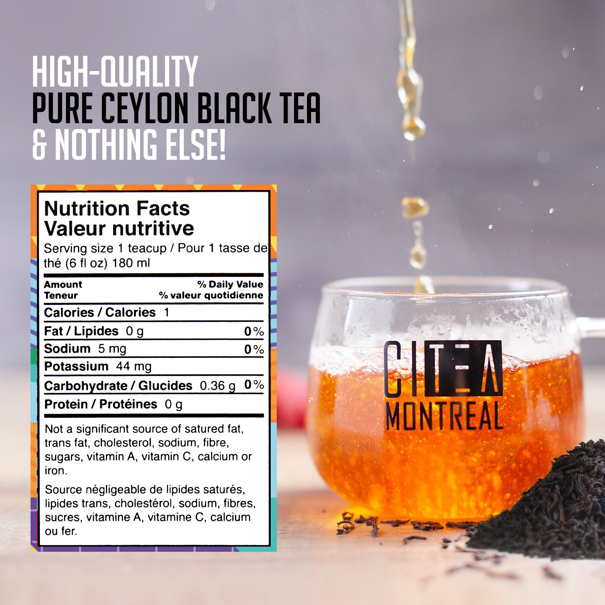 Glass mug of tea with 'Citea Montreal' branding, nutrition facts label, and tea leaves.