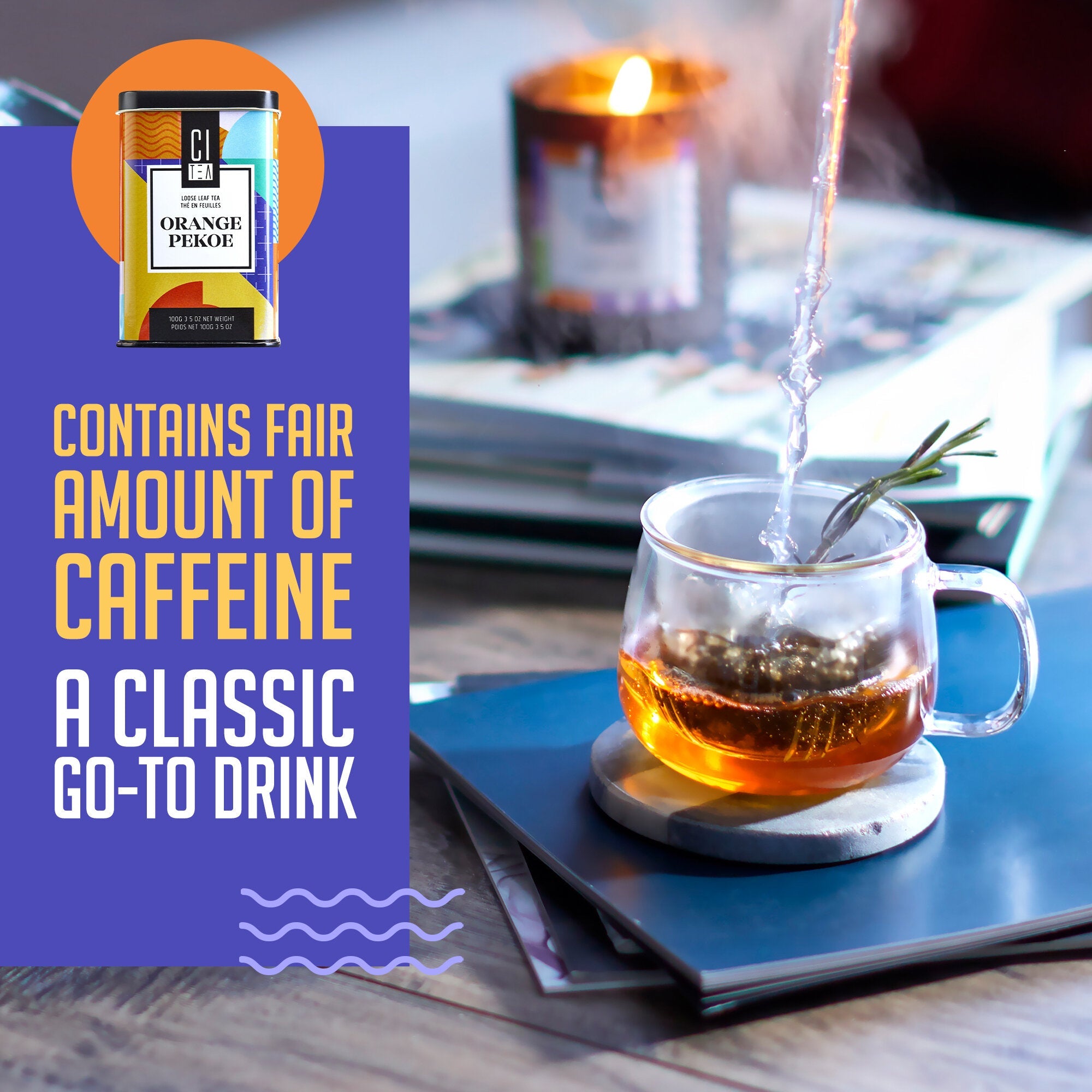 Tea being poured into a glass mug with a purple label and text about caffeine content.