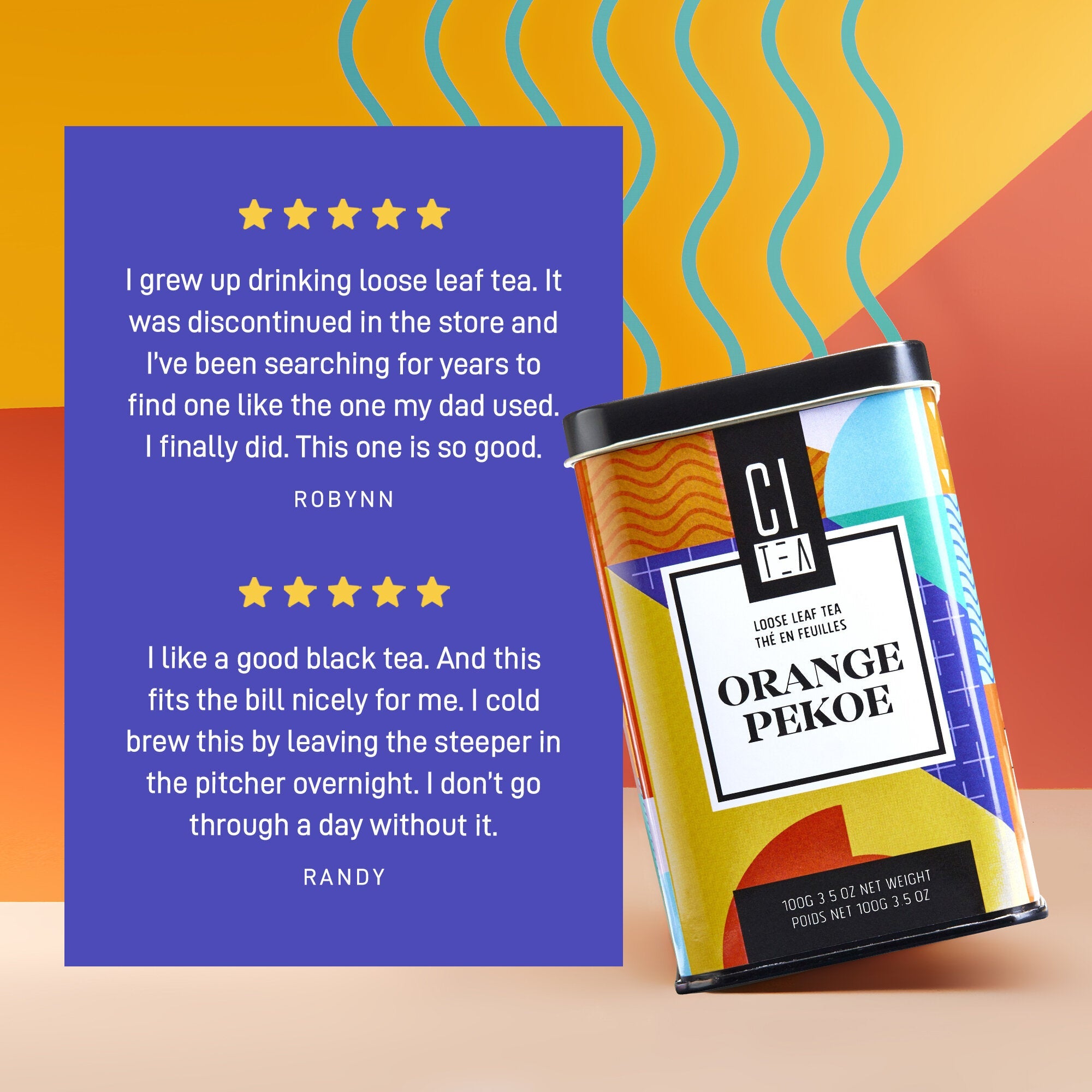 C&J Tea Orange Pekoe tea can with customer reviews on a colorful background
