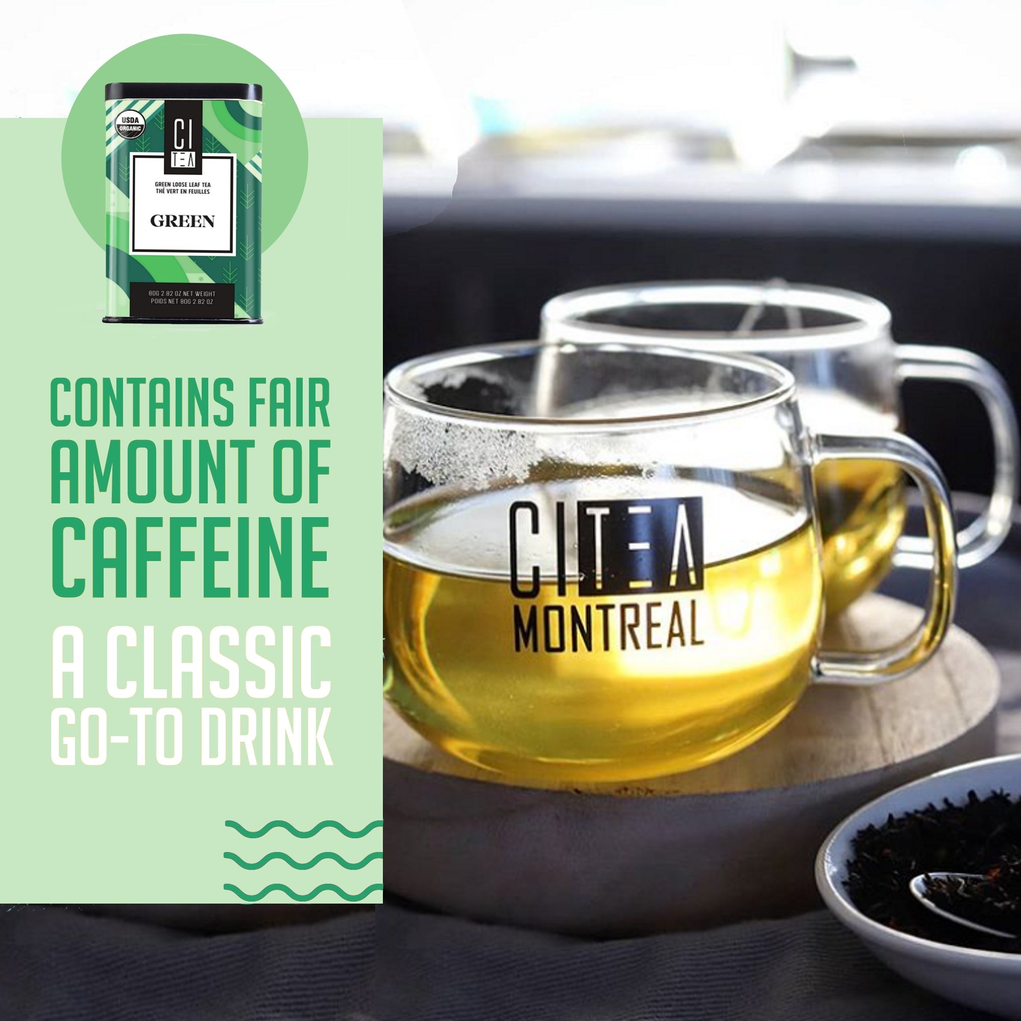 Two glass mugs with tea labeled 'Cite-a Montreal' on a dark surface, with a green tea bag and text about caffeine content.