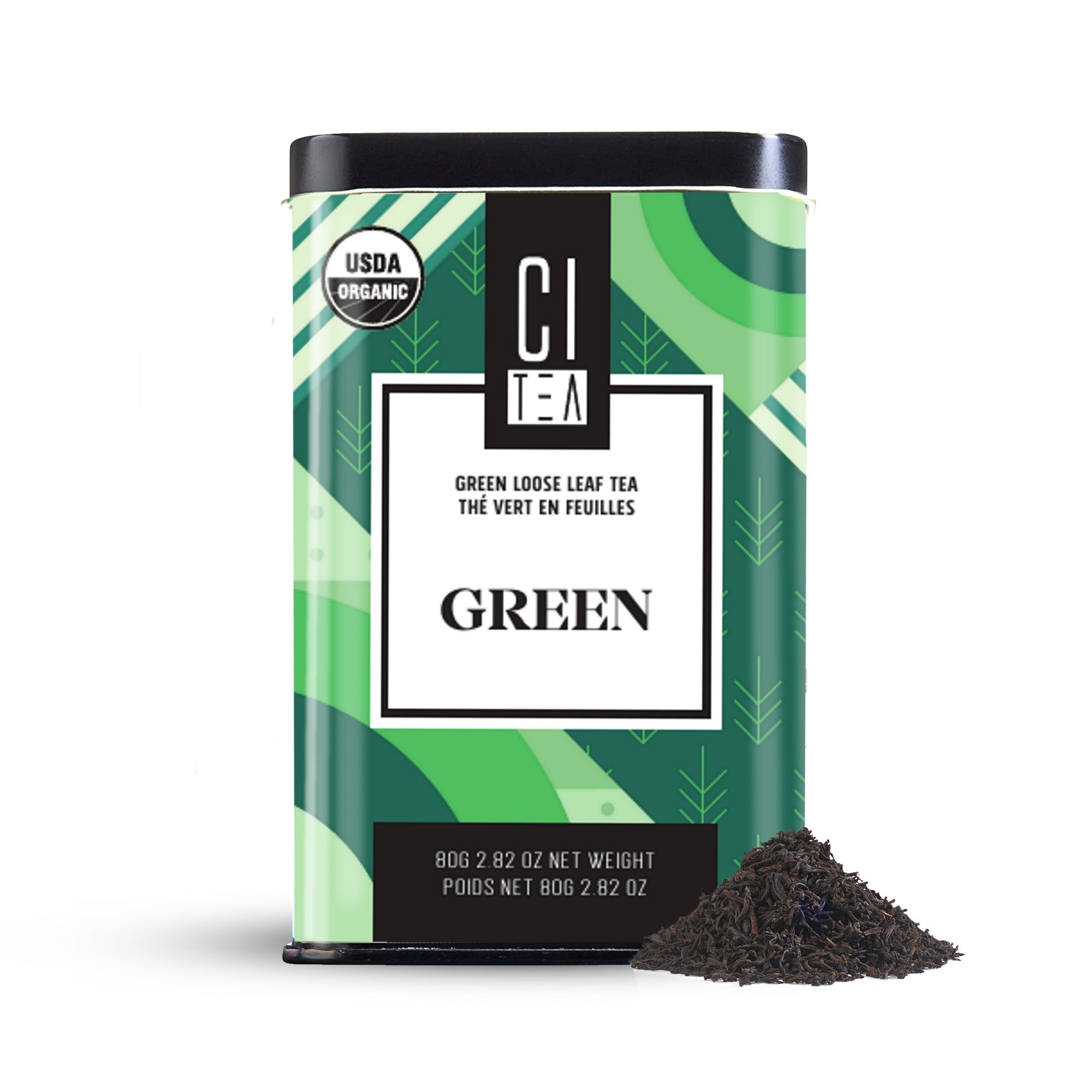 Tea canister with green design and USDA Organic label on a white background
