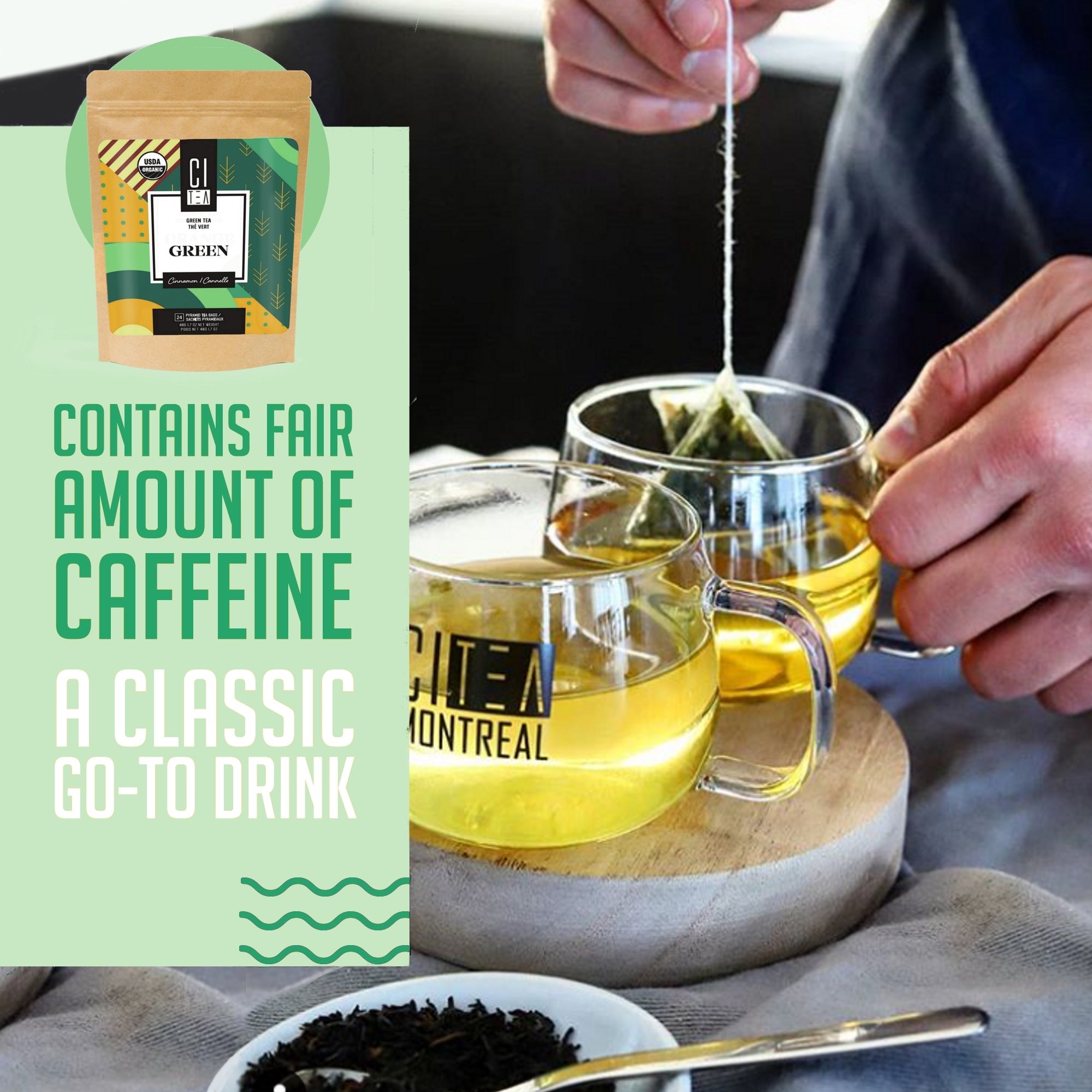 Tea being poured into glasses with a green label on the side, featuring text about caffeine content.