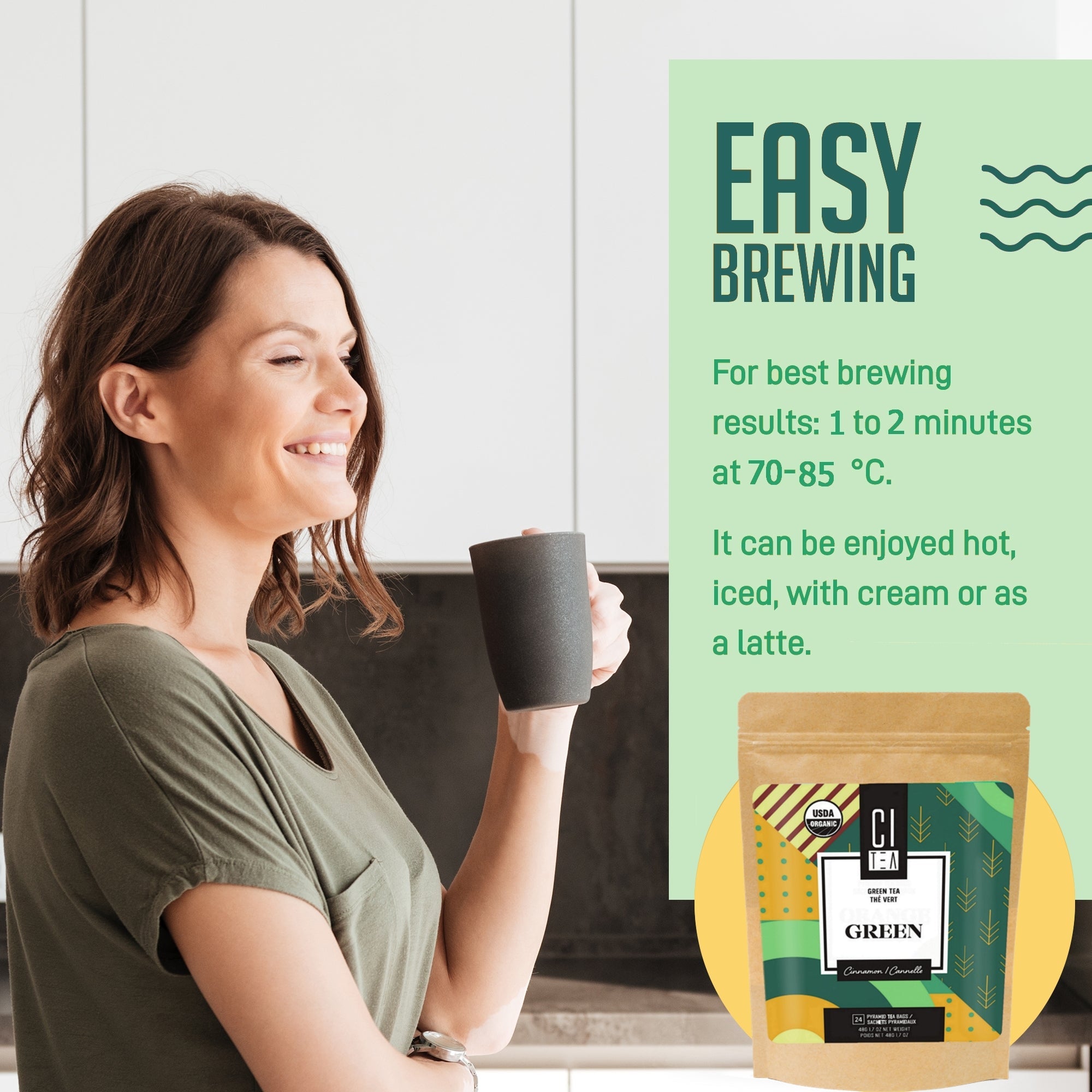 Woman holding a coffee mug with a coffee package and brewing instructions on a green background