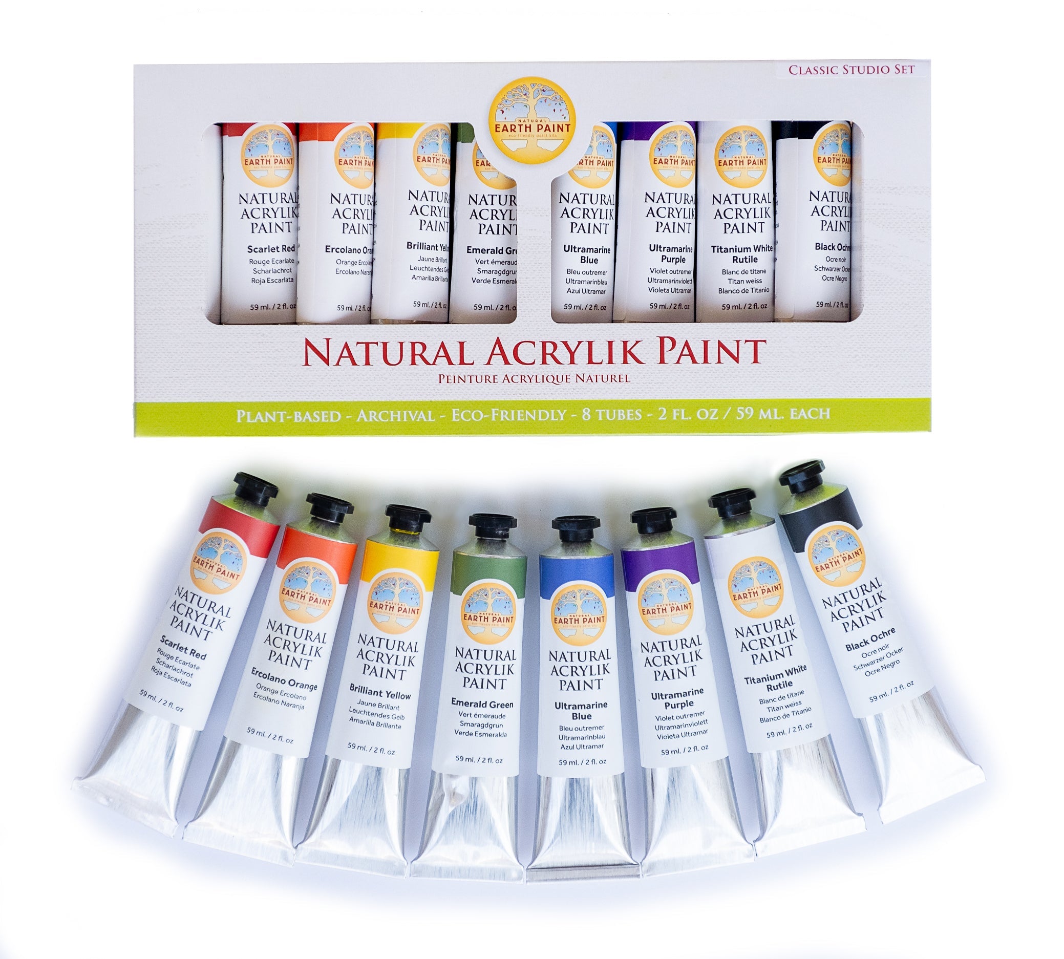 Set of Earth Paint natural acrylic paint tubes in a display box.