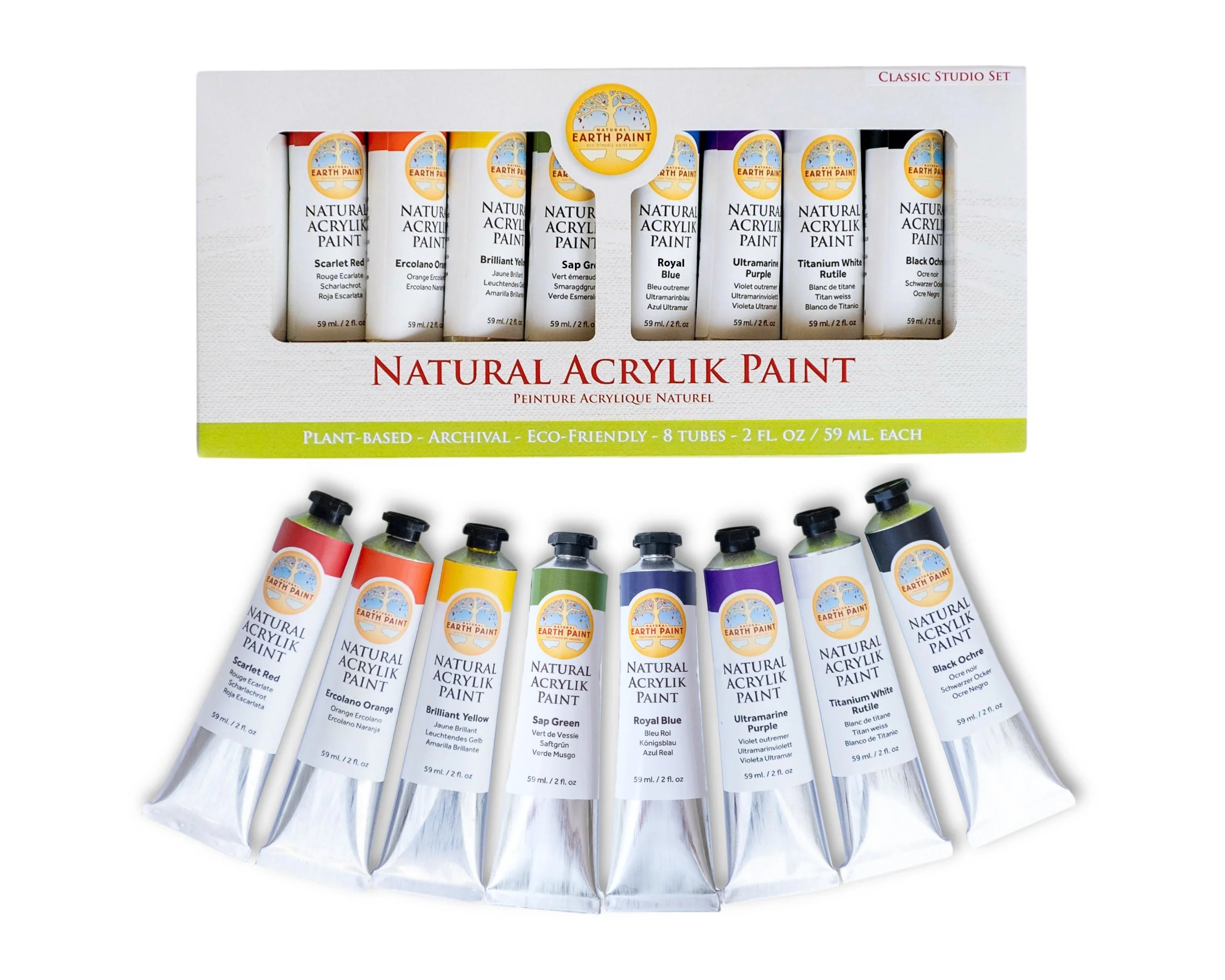 Set of Natural Acrylik Paint tubes with packaging on a white background