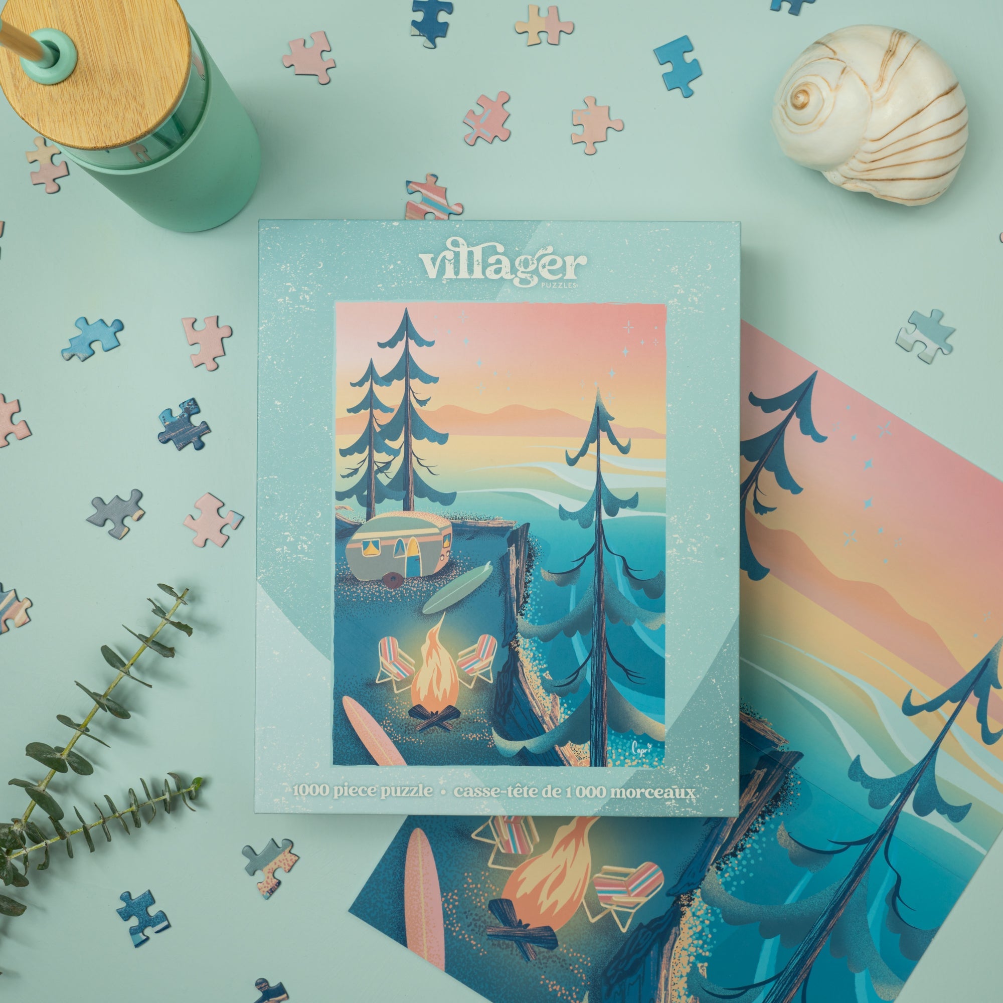 Villager puzzle box with a forest design on a light blue background with puzzle pieces.