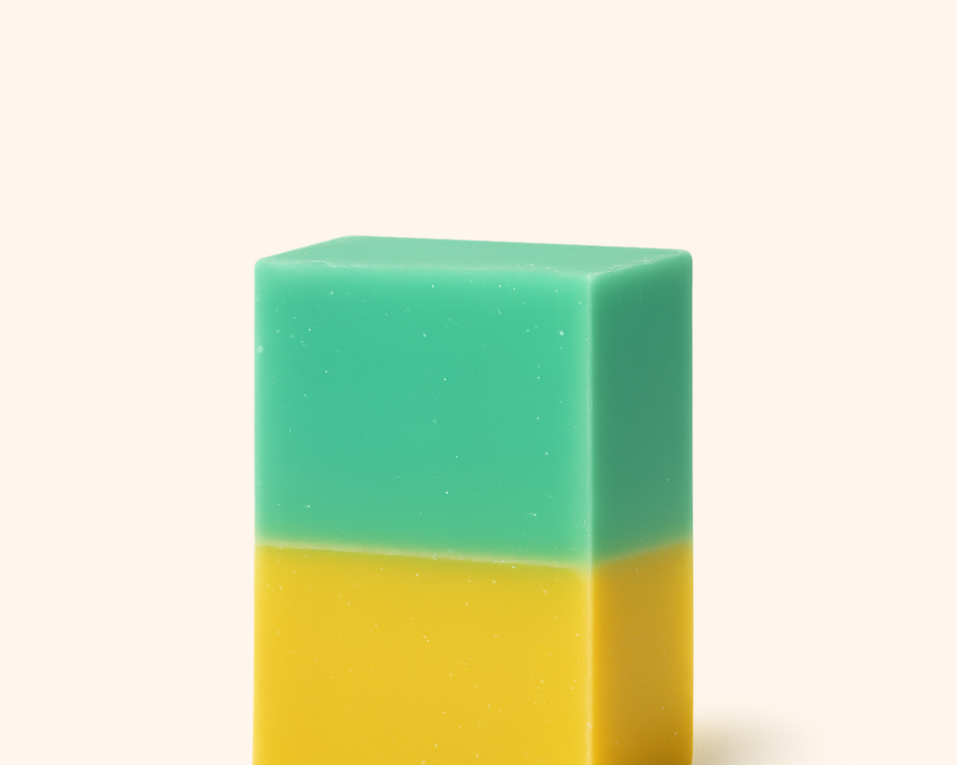 Two-toned green and yellow rectangular block on a white background